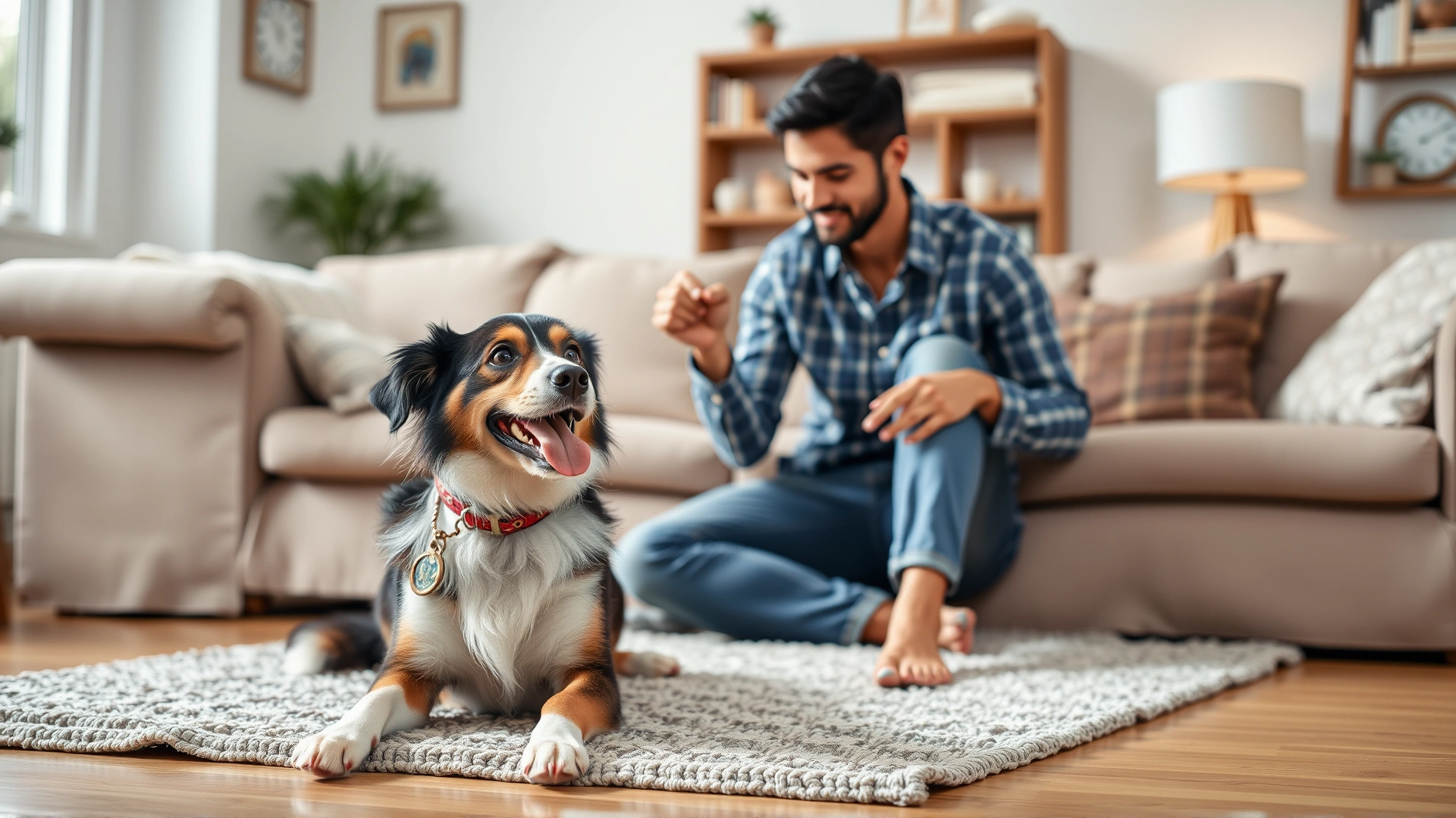 Happy dog and owner practicing the down command in a cozy living room with soft natural lighting