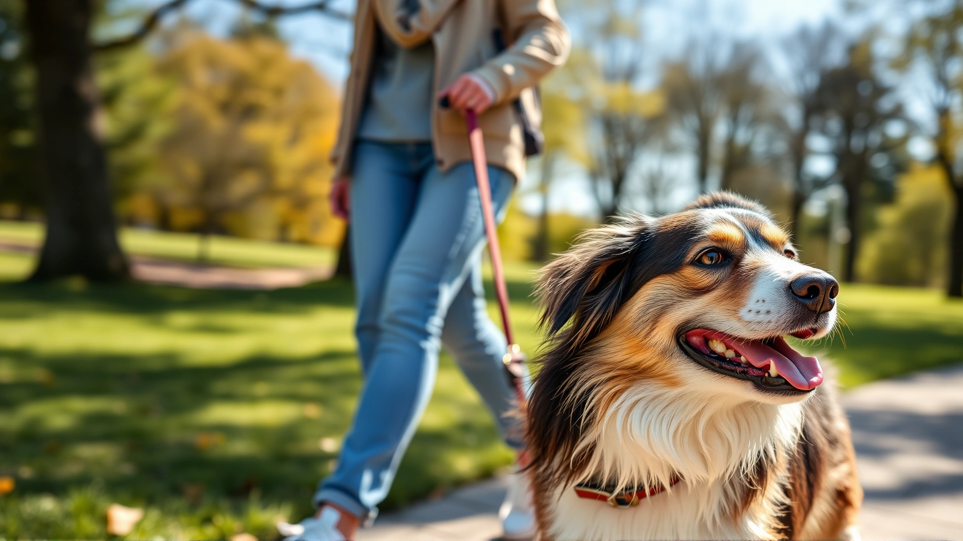 Friendly mixed-breed dog walking beside owner in a sunny park, both looking forward happily. High-resolution, lifestyle photography.