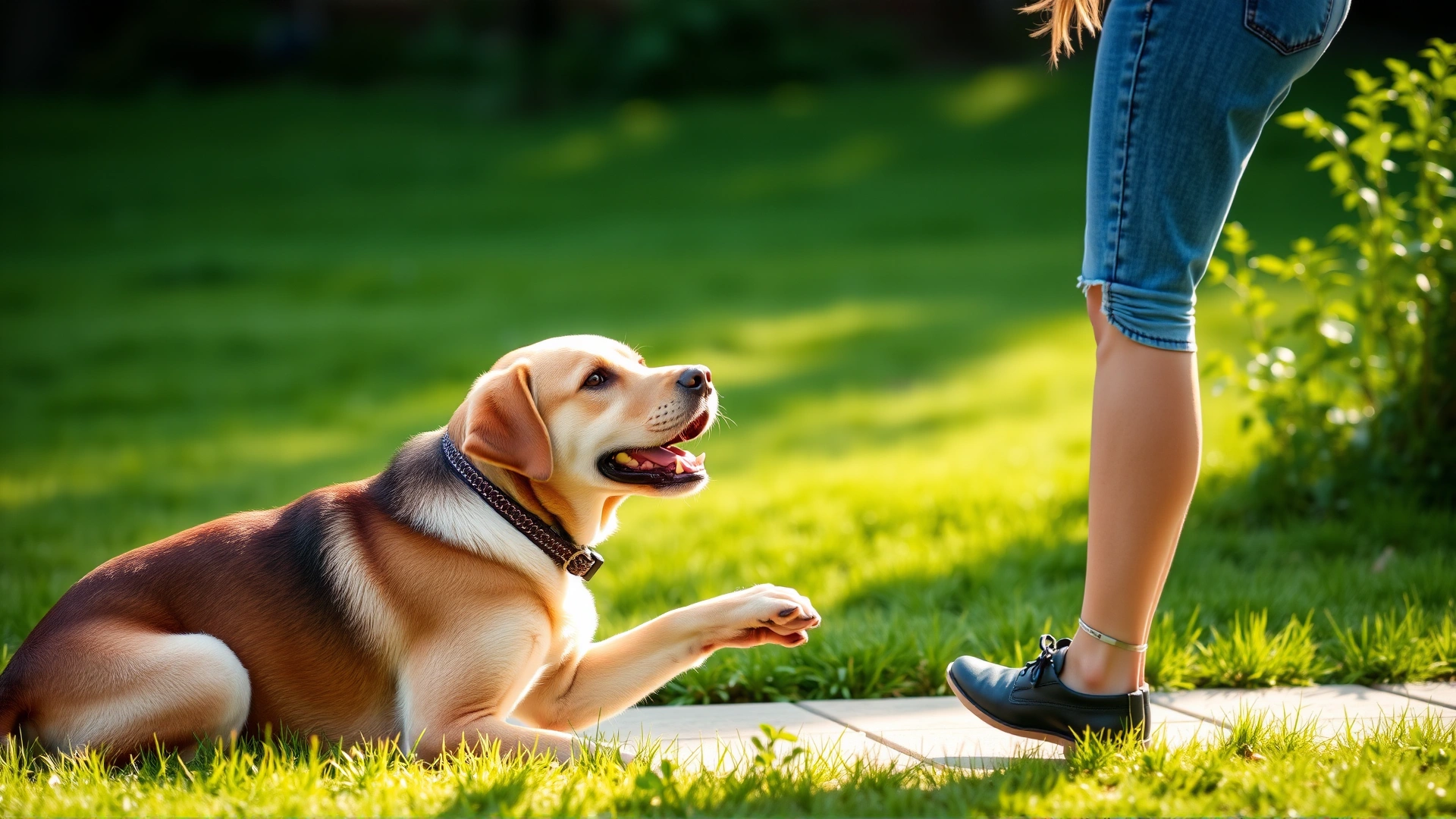 Young labrador dog giving paw to female owner in green backyard during training session, warm sunlight