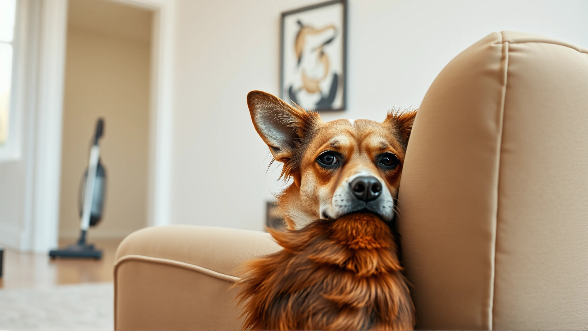 A nervous dog with its tail tucked hiding behind an armchair while a modern vacuum cleaner is visible in the background of a bright living room. Natural light, no text.