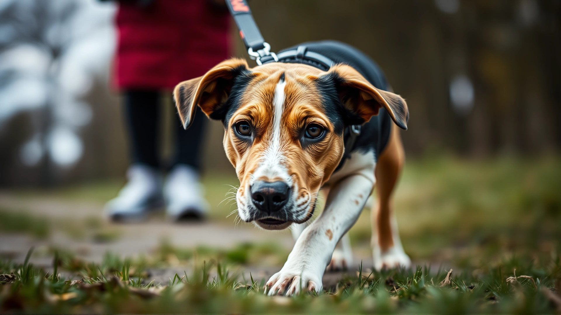 Close-up shot of a dog refusing to walk, paws planted on the ground, leash taut, owner slightly out of focus in the background.