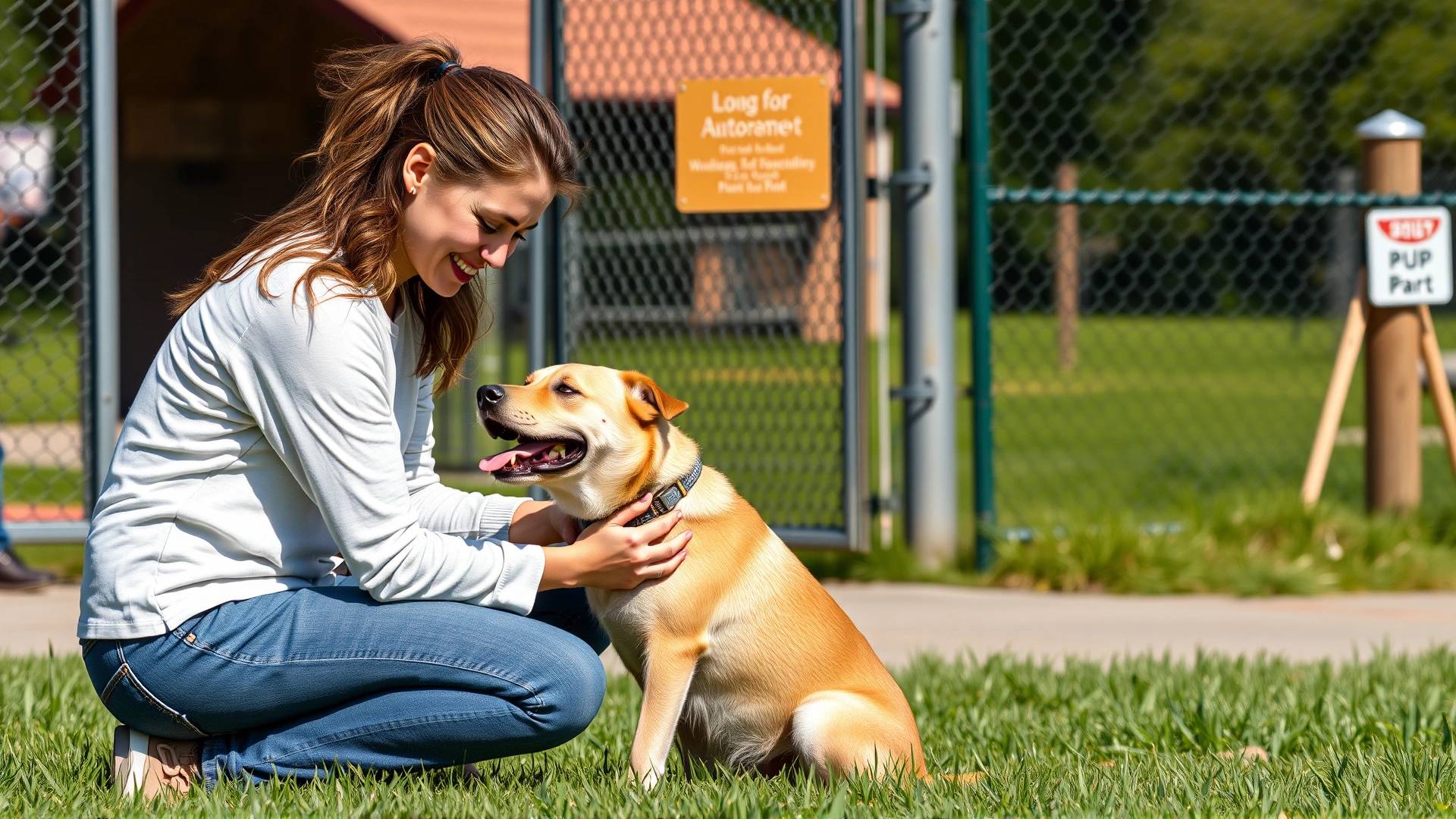 A dog owner kneeling and gently comforting their medium-sized dog just outside a fenced dog park entrance on a sunny day