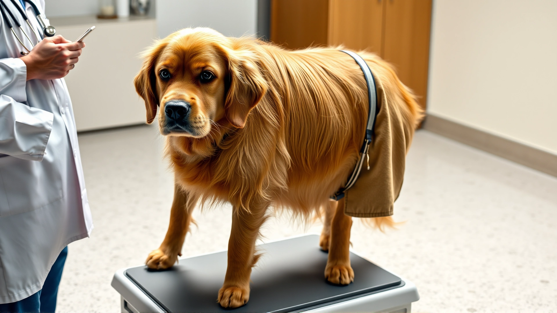 Overweight golden retriever standing on a veterinary scale while a veterinarian notes the weight, illustrating the issue of canine obesity