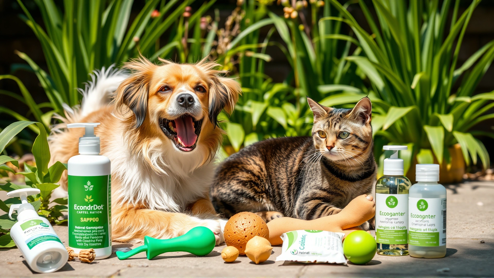 A playful dog and cat in a sunny backyard surrounded by lush green plants and various eco-friendly pet products such as natural shampoos and biodegradable toys laid out around them.