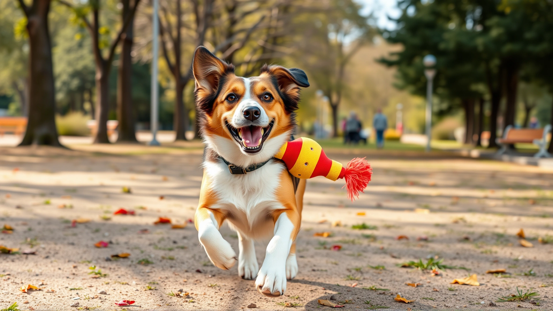 Wide-angle shot of a happy dog running in a park while carrying a colorful non-toxic toy, bright and energetic atmosphere