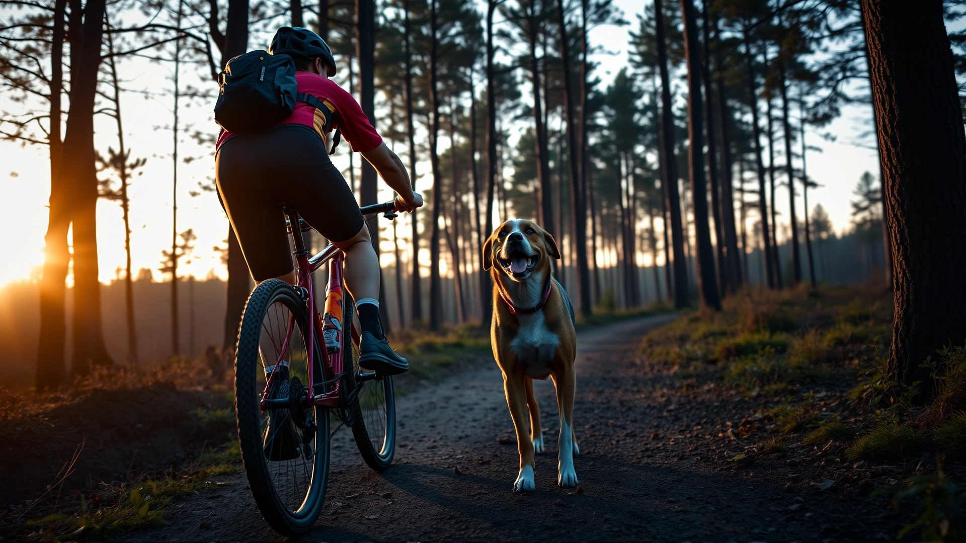 Wide-angle shot of a cyclist and their dog riding together on a forest trail at sunrise, warm light, dynamic composition, no text.