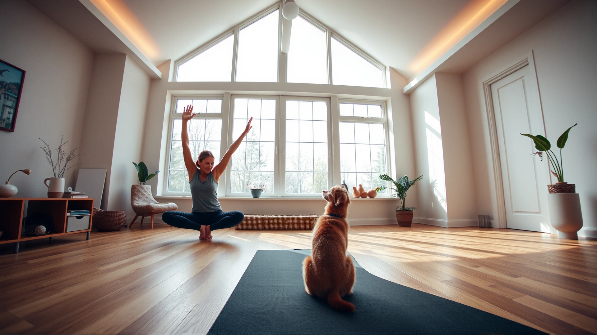 Wide-angle photo of a woman practicing yoga with her dog sitting calmly on a separate mat in a serene home studio with large windows