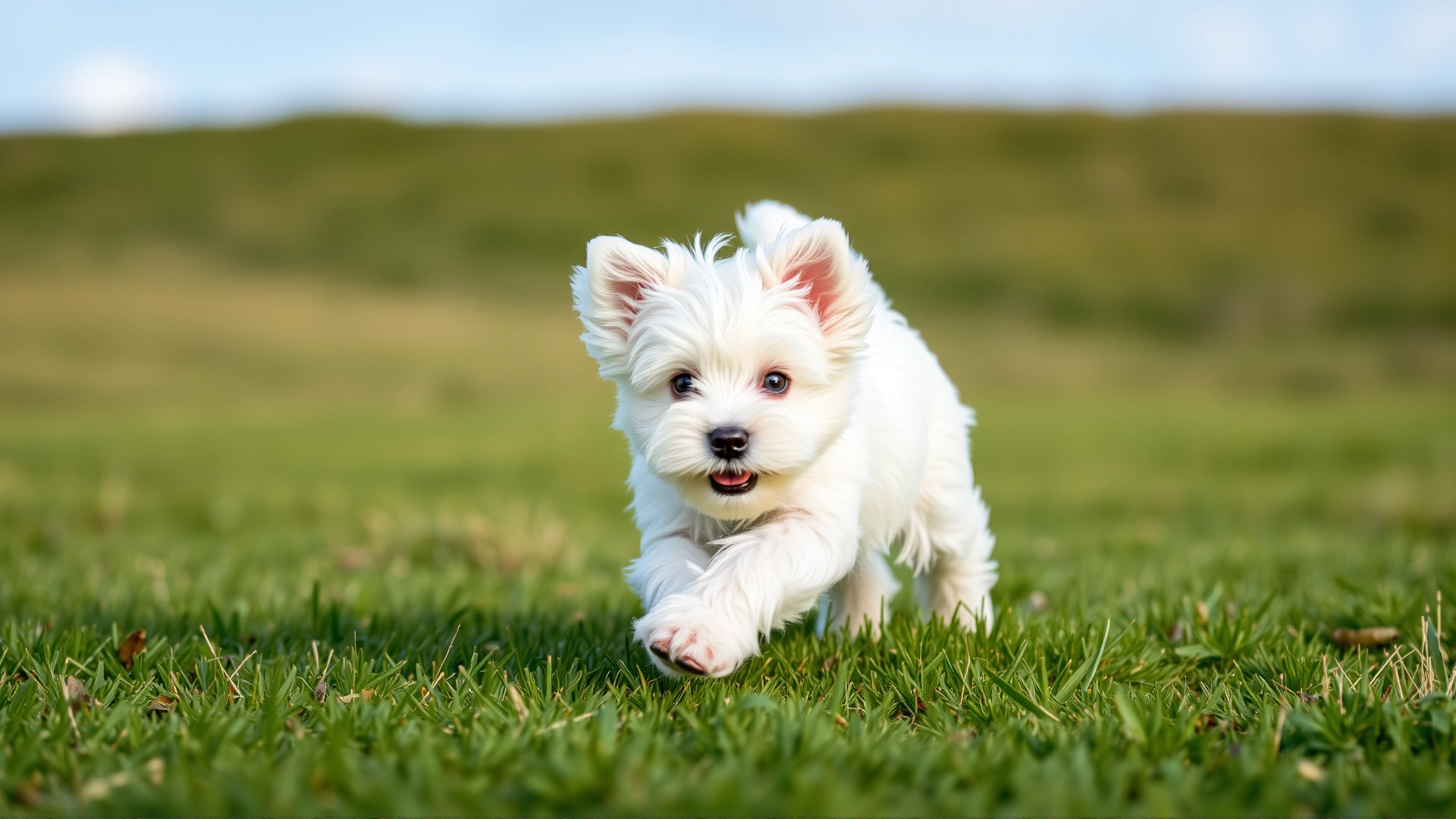 Playful Coton de Tulear puppy running toward the camera across a grassy field, ears flapping and cotton-like fur in motion.