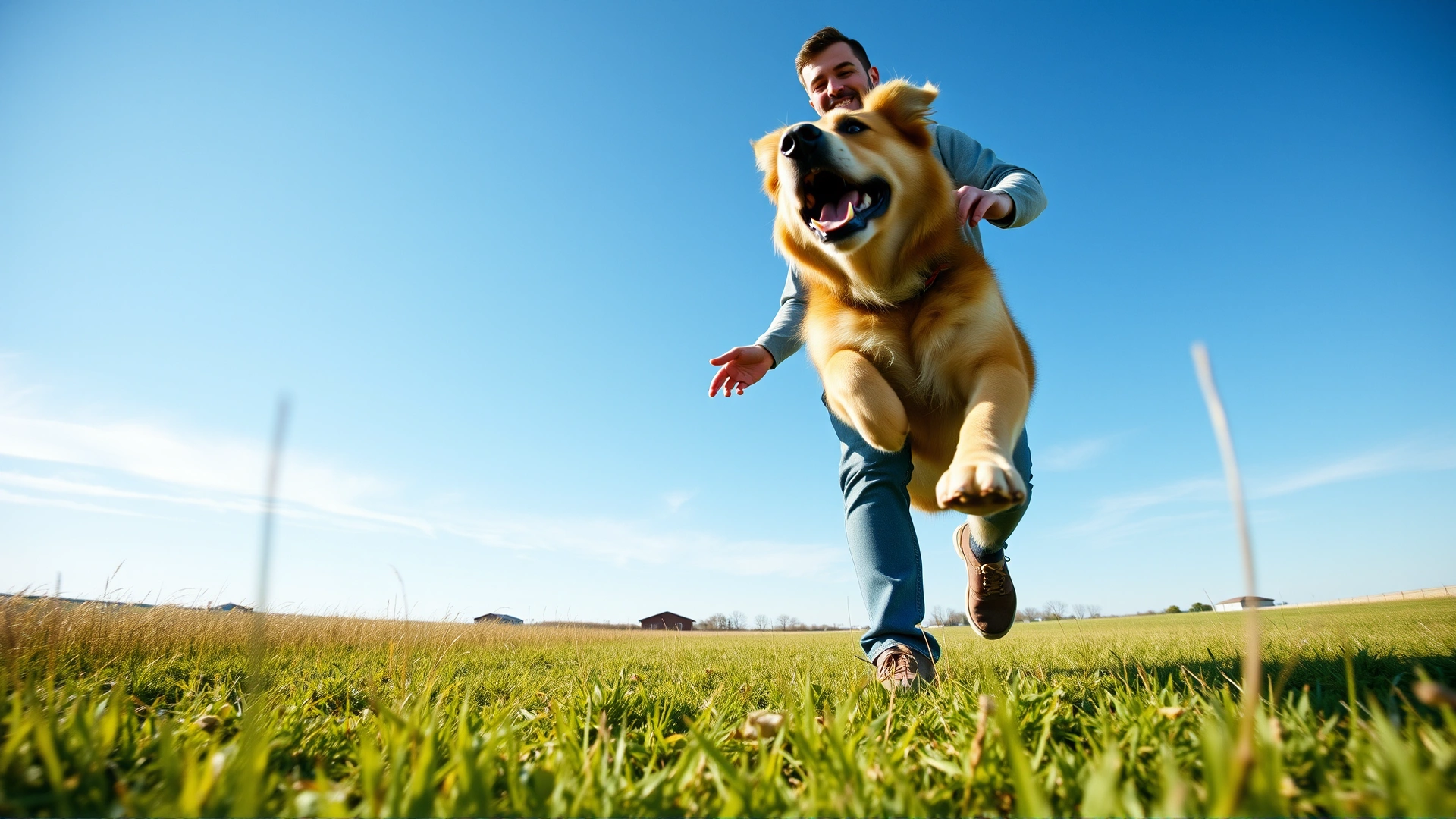 Wide-angle shot of an owner playing fetch with a high-energy dog in an open grassy field under blue sky, conveying active lifestyle.