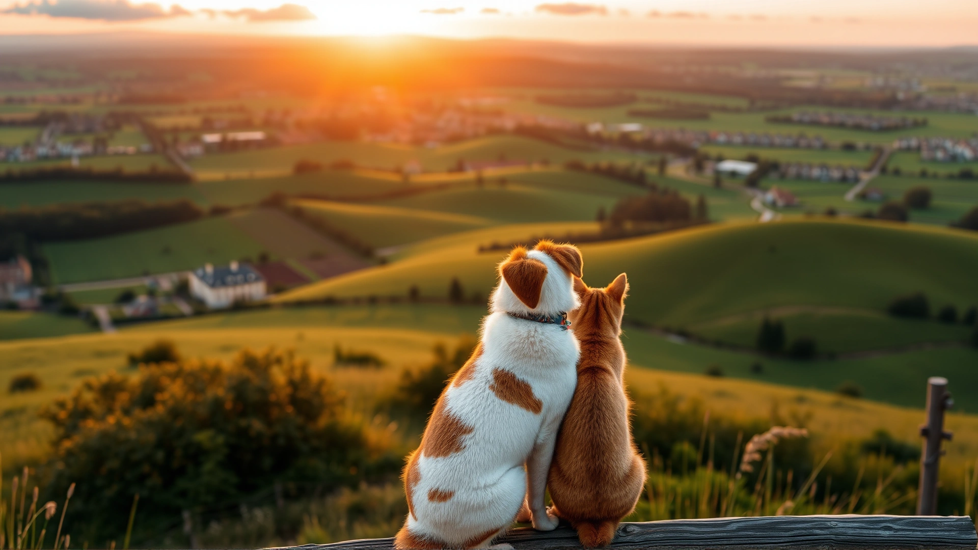 A wide landscape shot of a dog and cat sitting together on a wooden fence overlooking rolling green hills and farmland during a golden sunrise