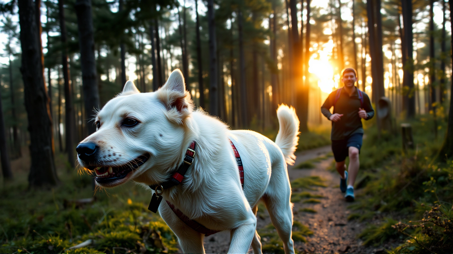 Fit dog and owner finishing a jog on a forest trail at sunrise, both slowing down and relaxed.