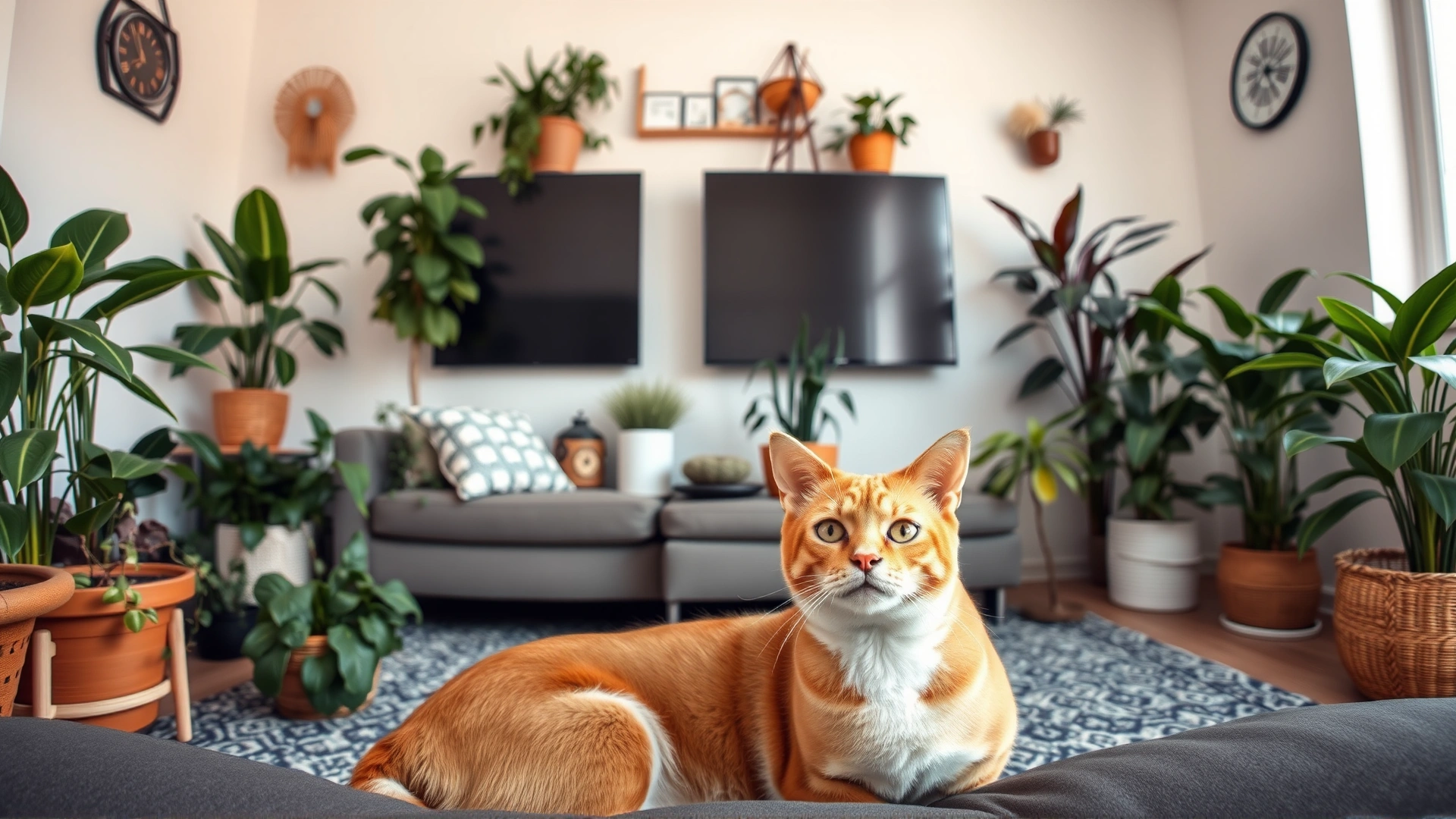 Wide-angle shot of a modern living room filled with different pet-safe indoor plants, with a cat and dog peacefully coexisting in the foreground.