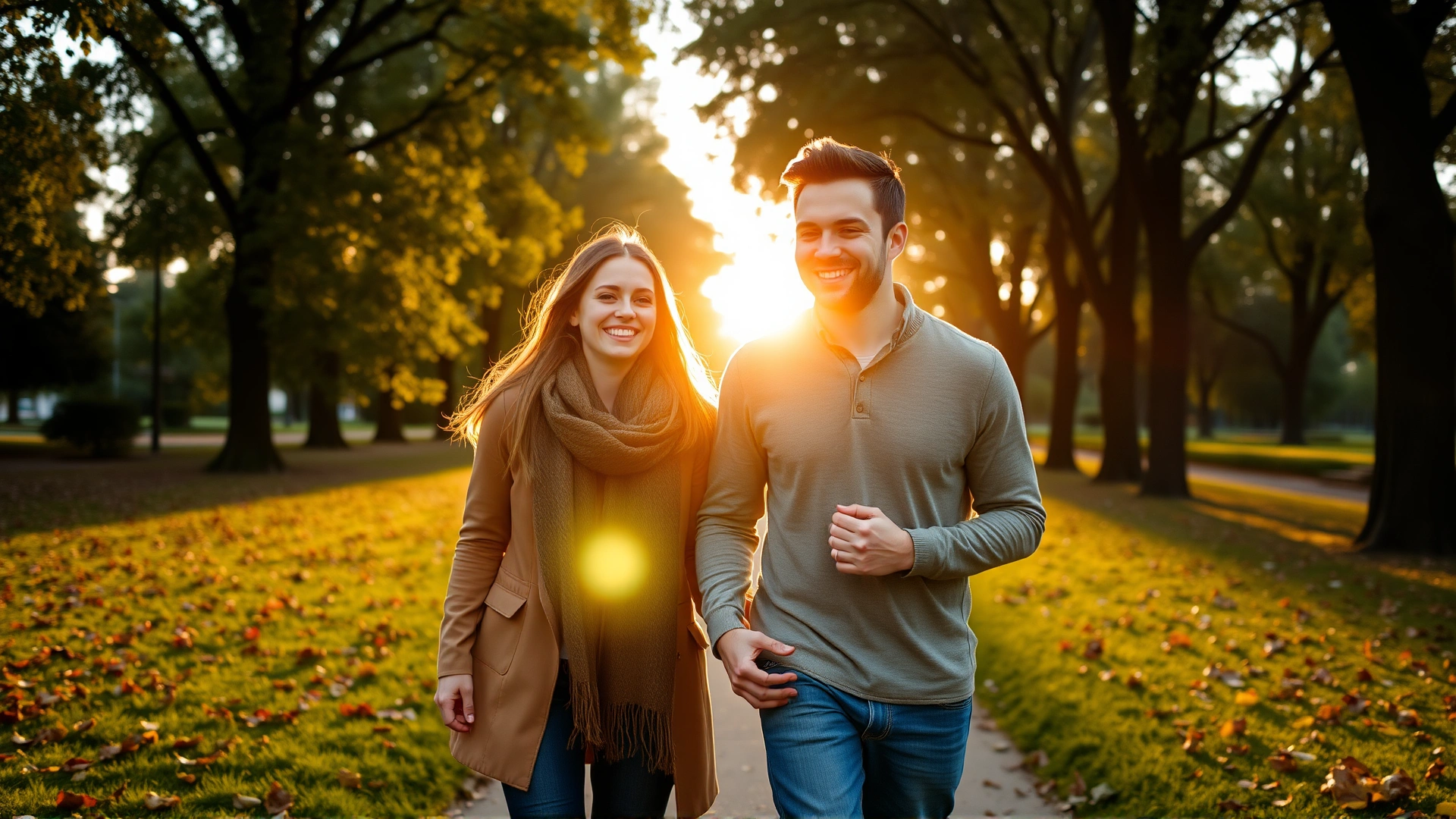 Wide shot of a smiling couple walking their dog in a leafy park at sunset, sun flares, joyful mood, love and pet companionship theme