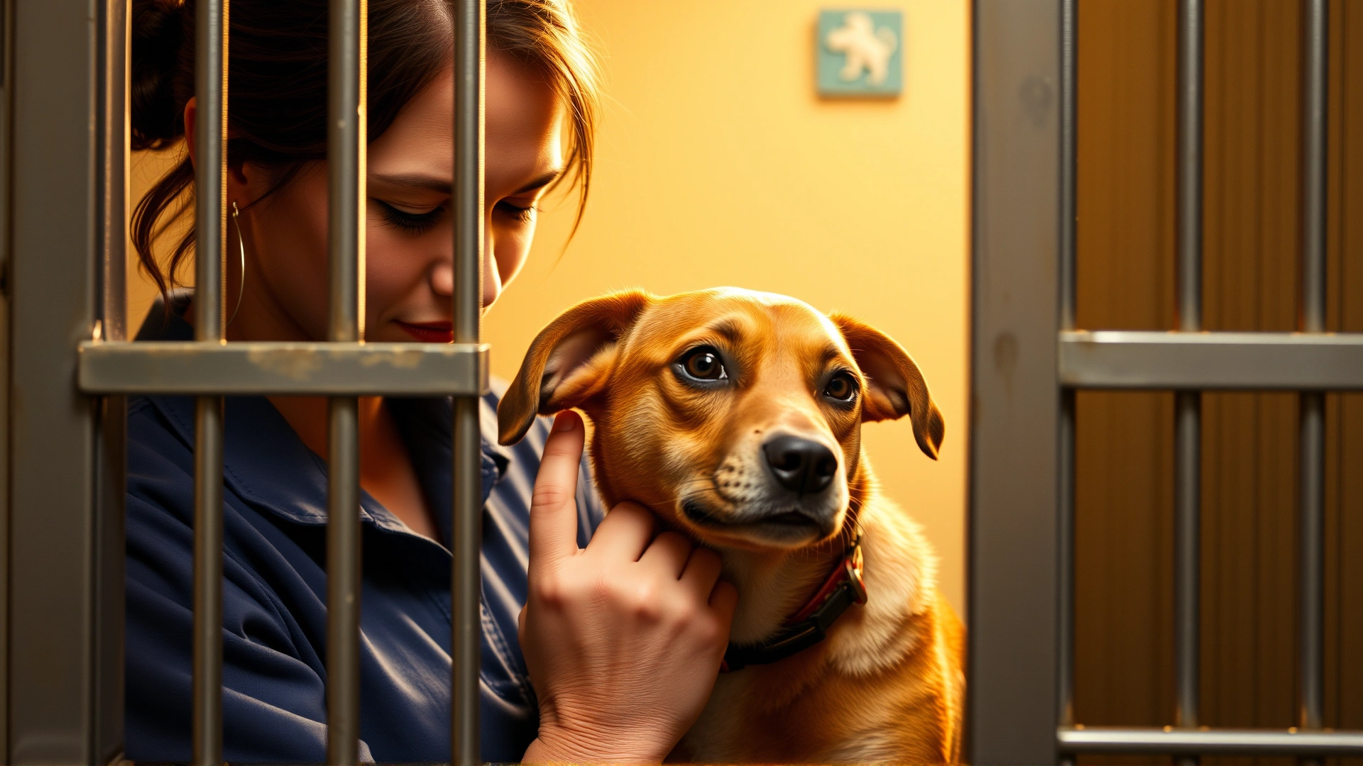 Shelter volunteer gently petting a medium-sized dog through kennel bars, warm lighting emphasizing compassion.