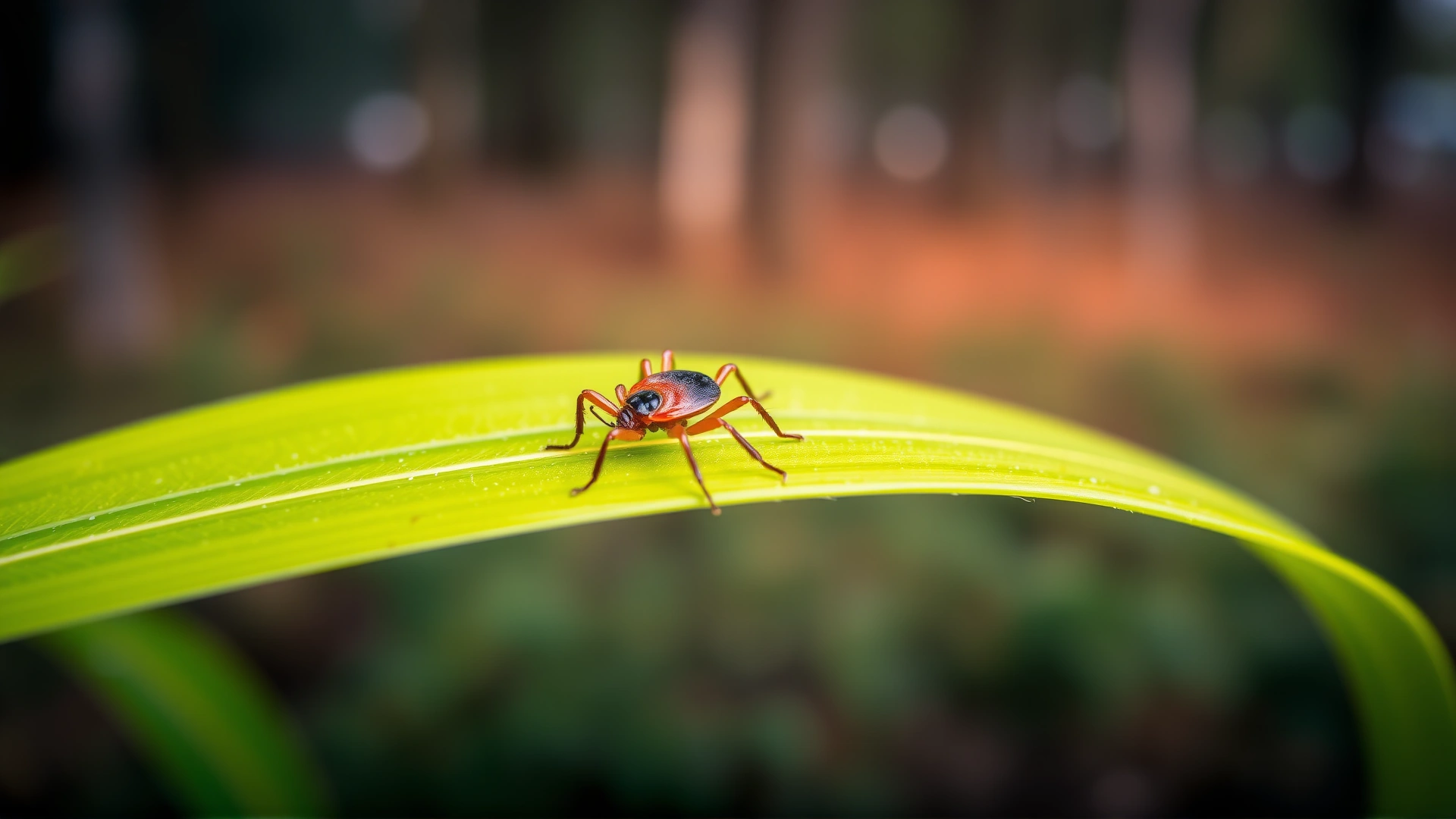Macro photo of a single tick on a vibrant green leaf with blurred forest background