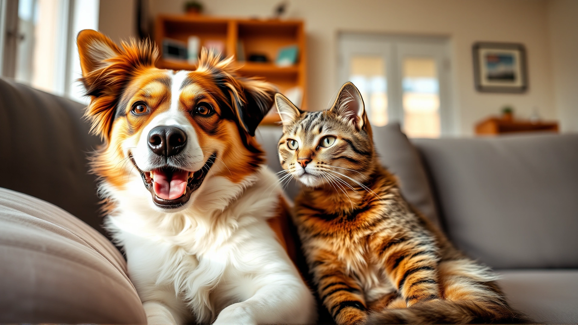 Close-up portrait of a happy mixed-breed dog and a relaxed domestic short-haired cat sitting together on a sofa in a bright living room, soft natural light.