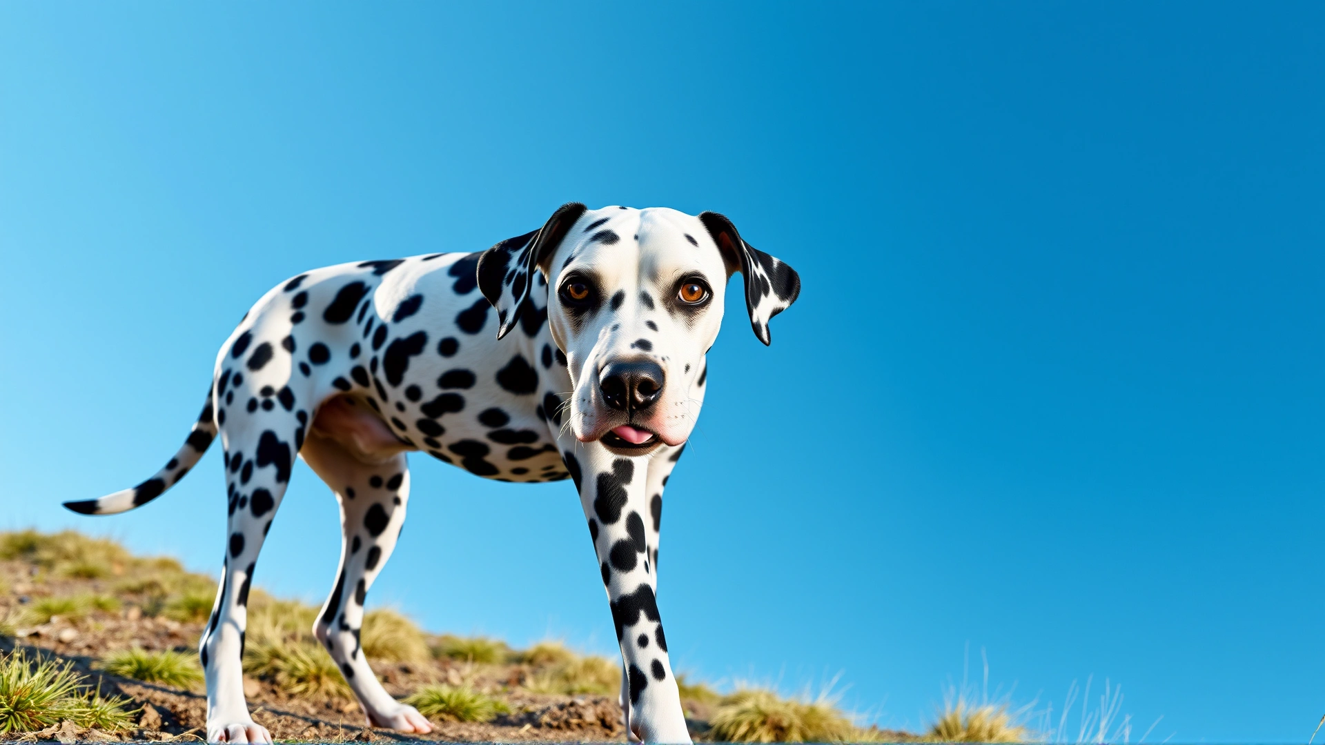 Wide-angle shot of a Dalmatian standing proudly on a hill against a bright blue sky, emphasizing the breed’s iconic spotted coat.