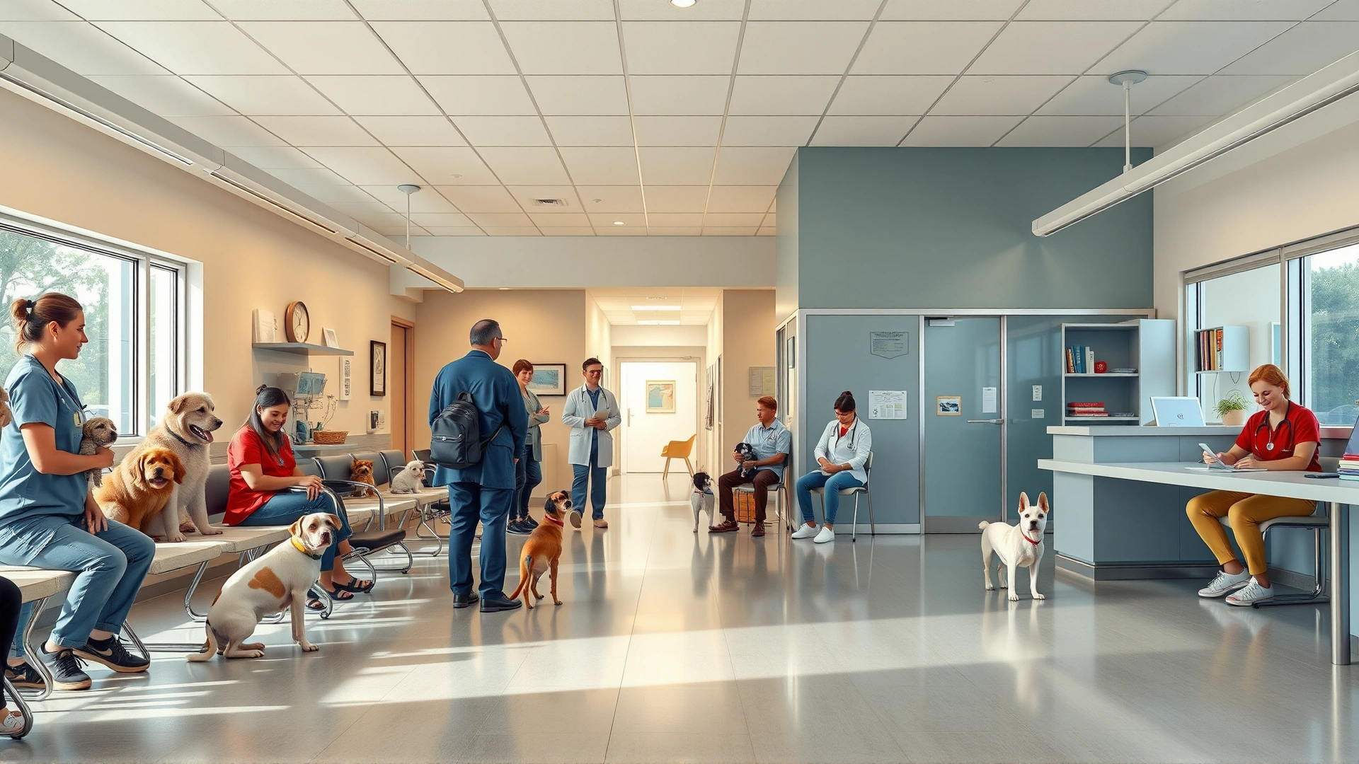 Wide shot of a modern veterinary clinic reception area with various pet owners waiting with their pets, bright and welcoming atmosphere.