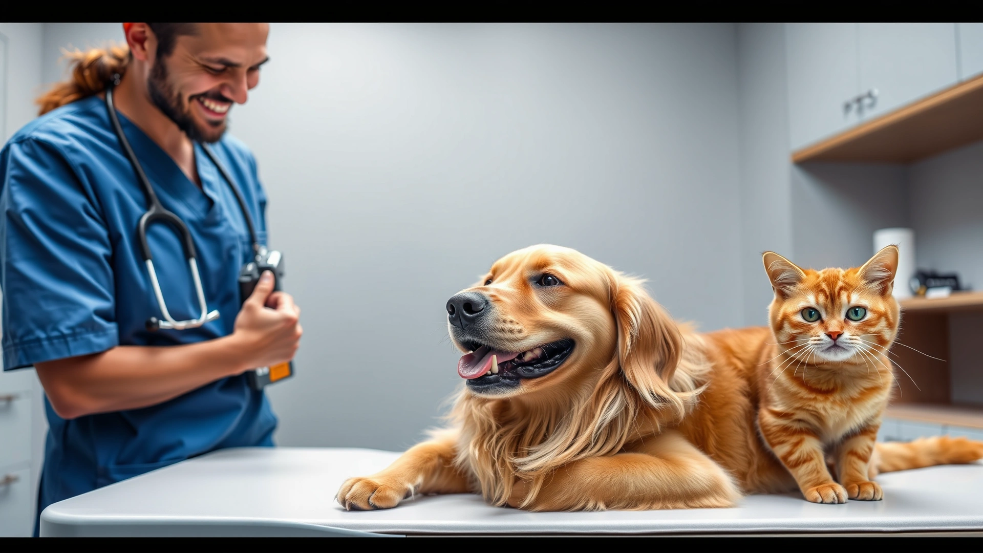 Wide-angle shot of a veterinarian smiling while examining a happy Golden Retriever and an orange tabby cat together on an exam table, conveying trust and professional care. Soft lighting, modern clinic backdrop.