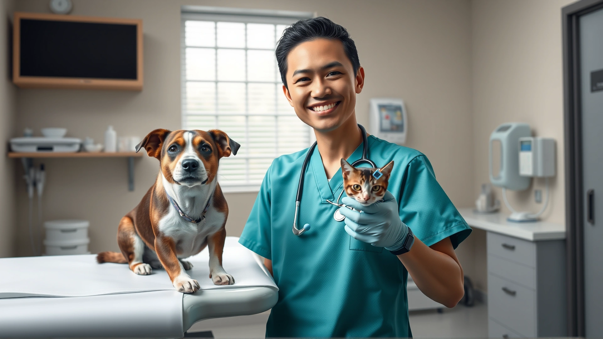 Wide shot of a veterinarian clinic interior with a veterinarian smiling while holding a syringe, a dog and a cat sitting calmly on the exam table