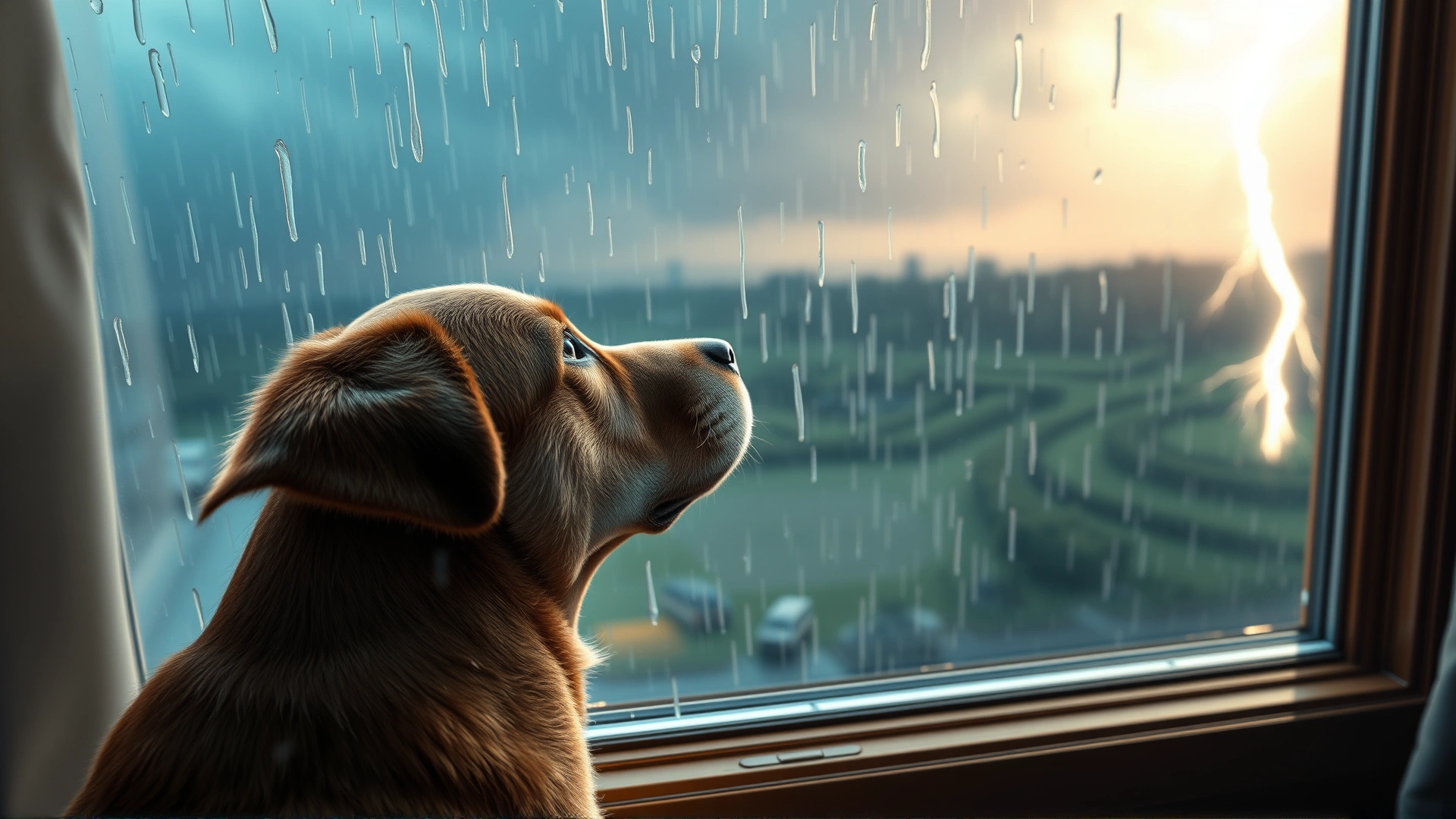 Wide-angle shot of a dog looking out a window with rain and distant lightning, conveying curiosity and initial storm awareness.