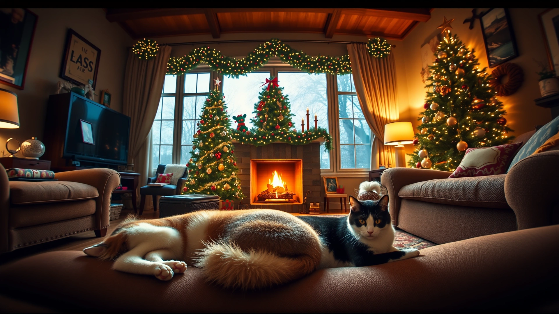 Wide-angle shot of a living room filled with holiday decorations, showing both a dog and a cat relaxing peacefully near a lit fireplace and Christmas tree.