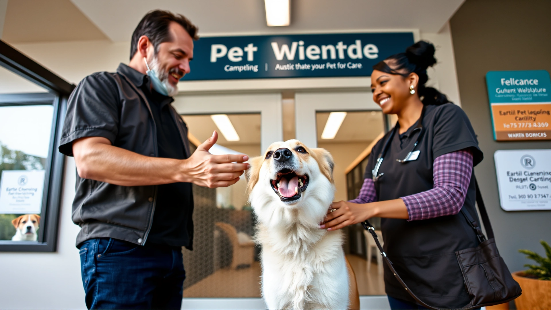 Wide-angle shot of a pet owner handing over their joyful dog to a friendly staff member at a modern pet boarding facility entrance, conveying trust and care.