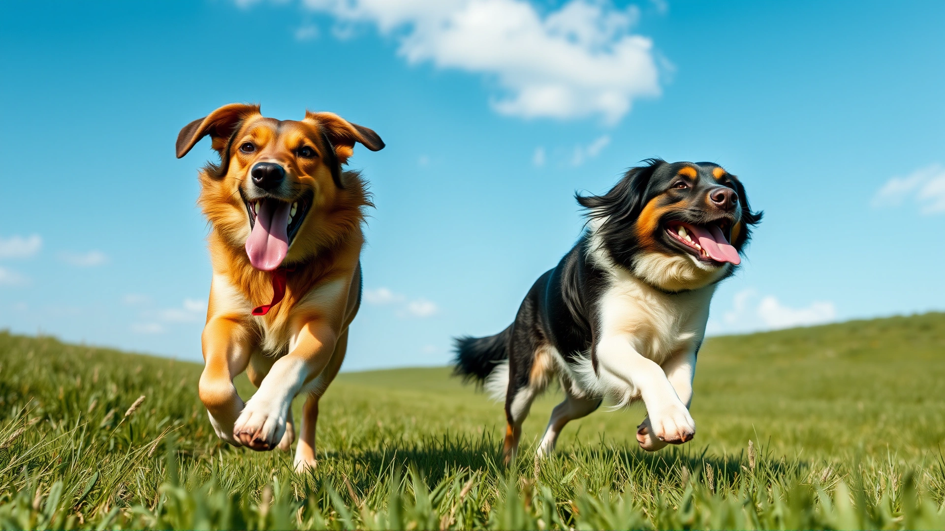 Two dogs running side by side across a grassy meadow under blue sky, looking happy, cinematic wide shot