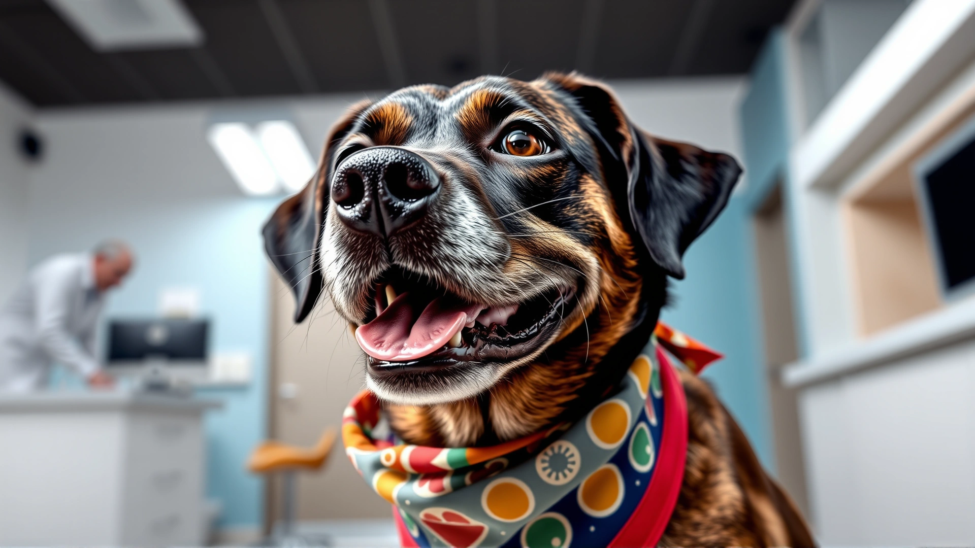 Close-up of a happy dog wearing a colorful bandana at a veterinary clinic reception, conveying health and care, bright lighting
