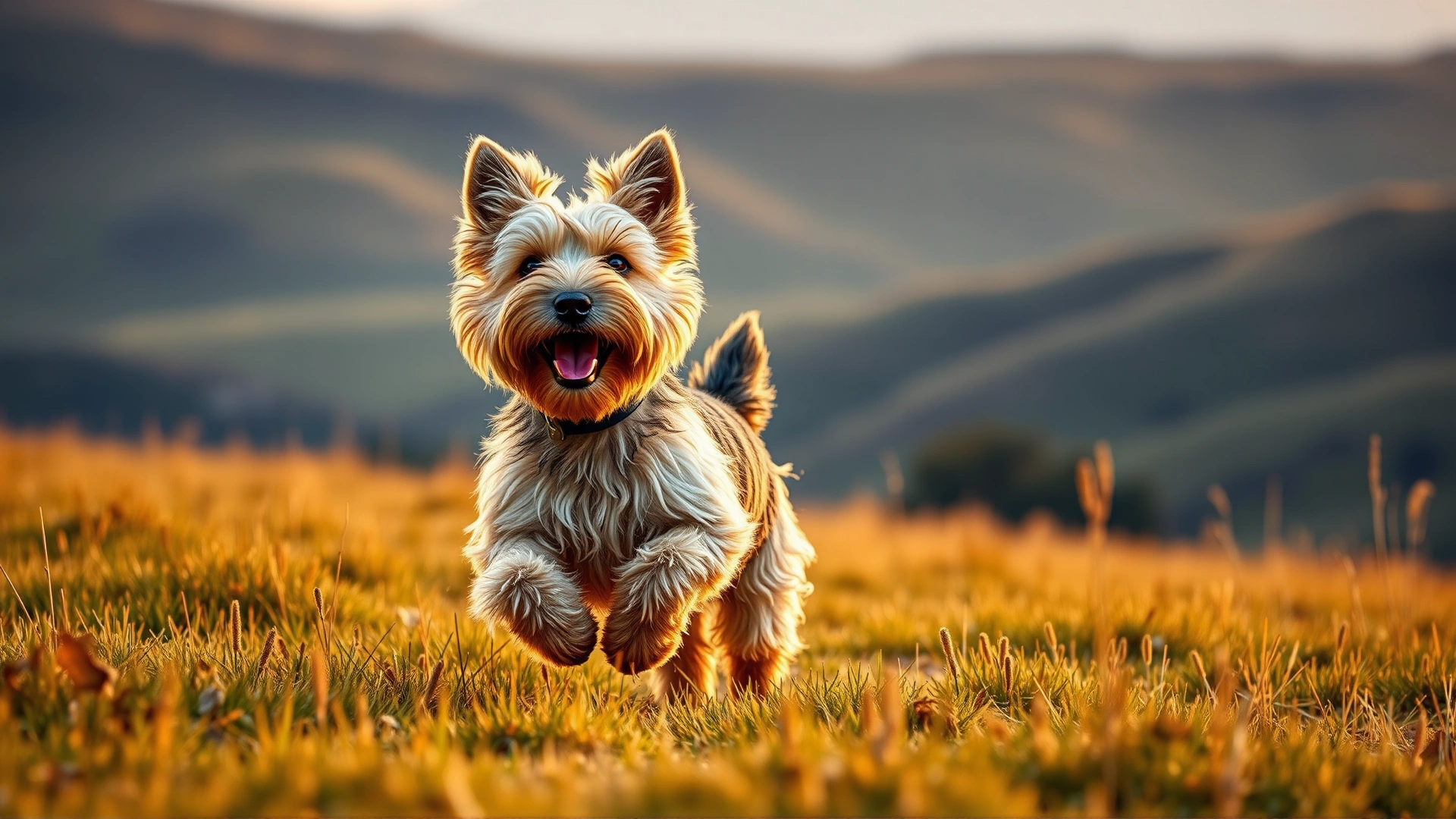 A cheerful Dandie Dinmont Terrier running through a Scottish meadow with rolling hills in the background, golden hour lighting, landscape orientation, no text.