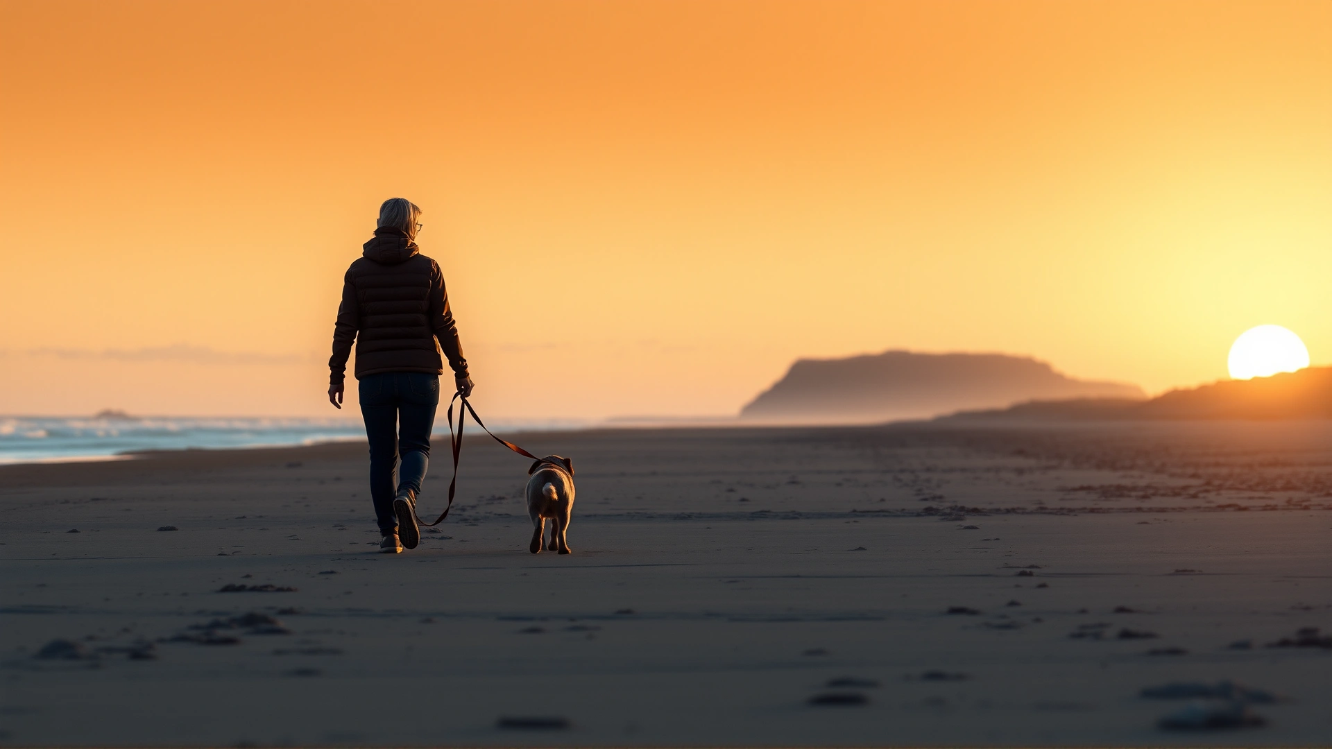 A serene photo of a person walking alone on a beach at sunrise holding a leash without a dog, symbolizing loss and reflection.