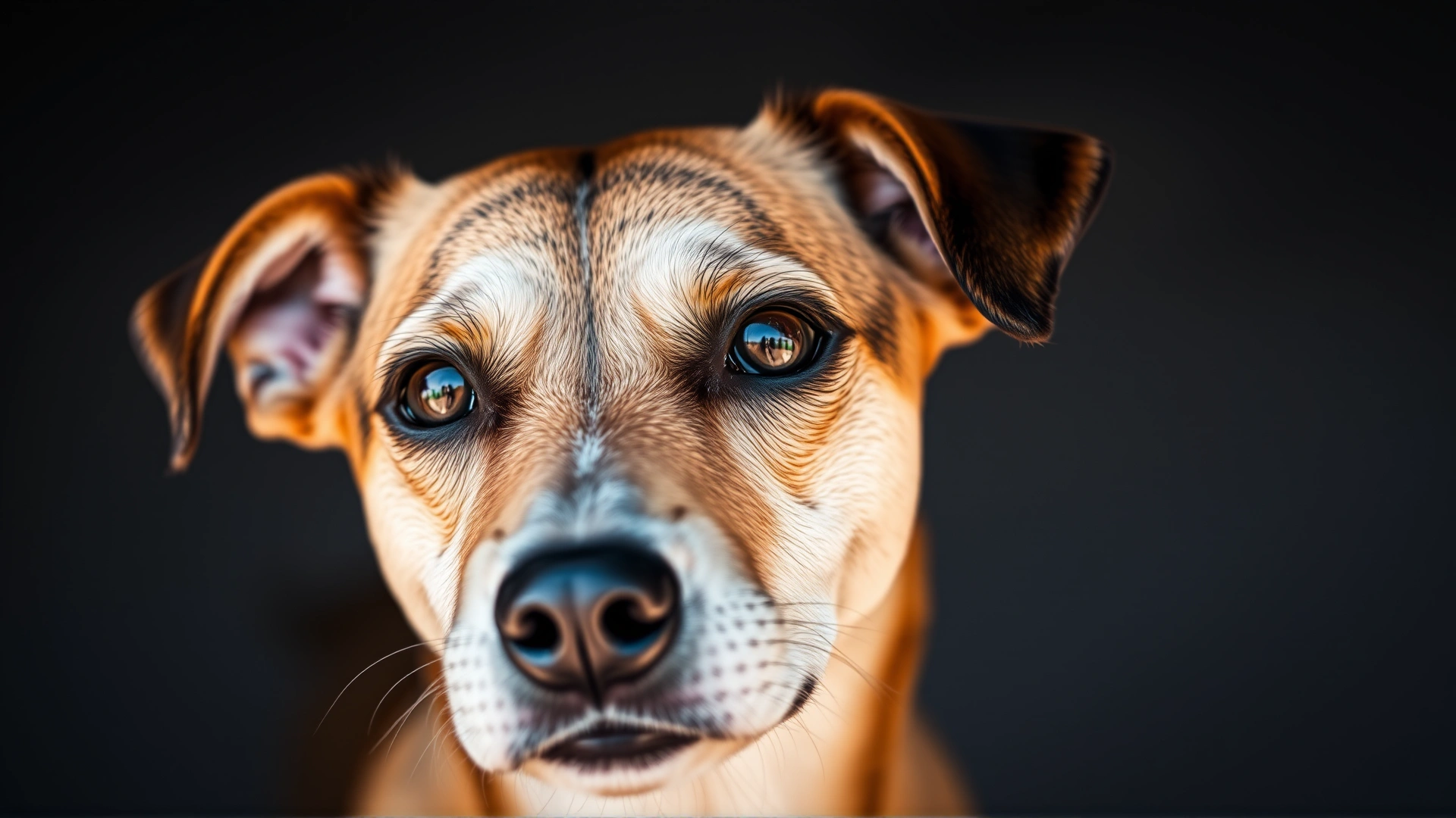 Close-up portrait of an adorable mixed-breed dog with gentle eyes and a slightly unique facial structure, shallow depth of field, warm natural lighting