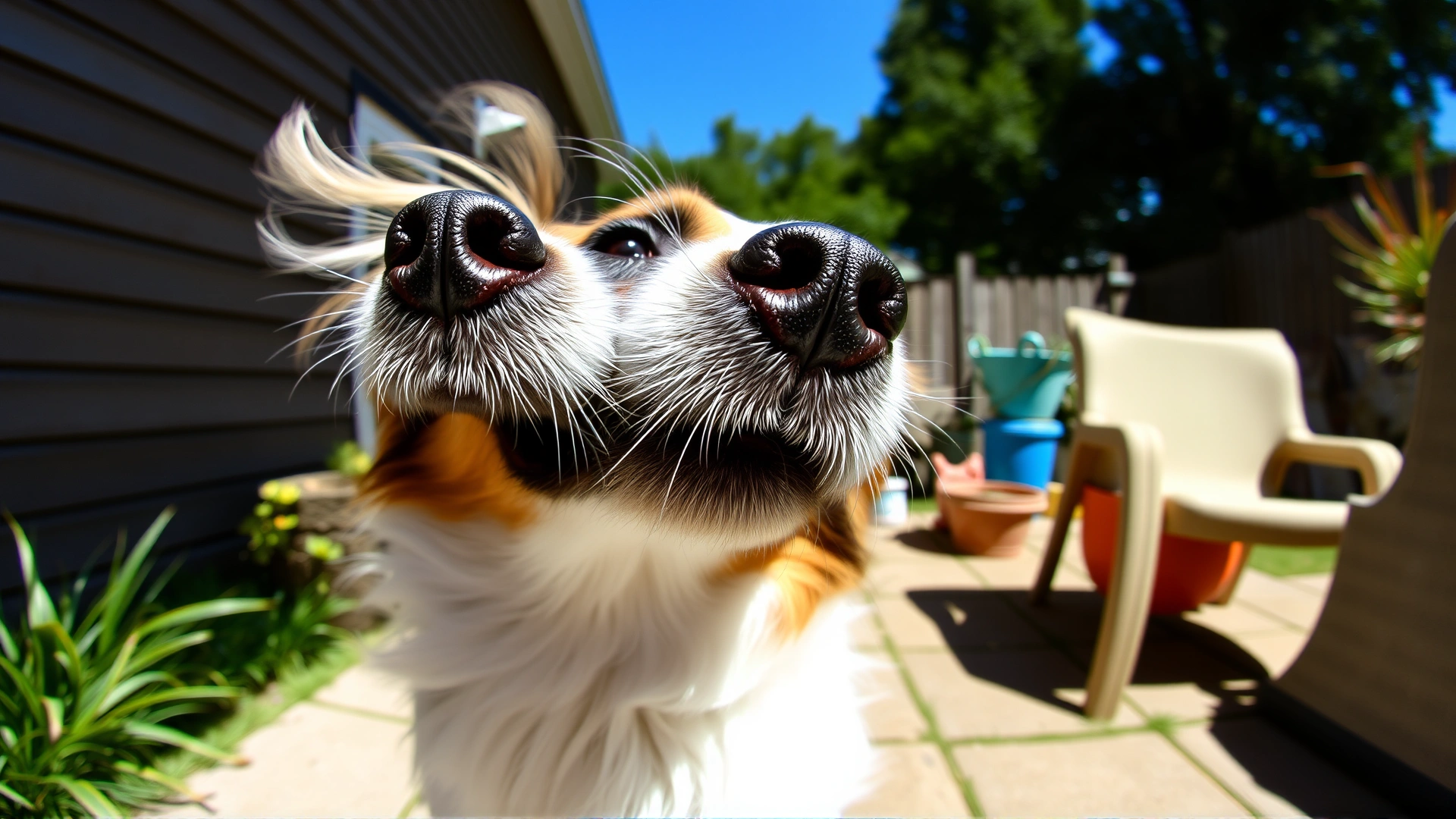Wide-angle photo of a playful dog shaking its head in a sunny backyard, fur flying slightly, high resolution, no text
