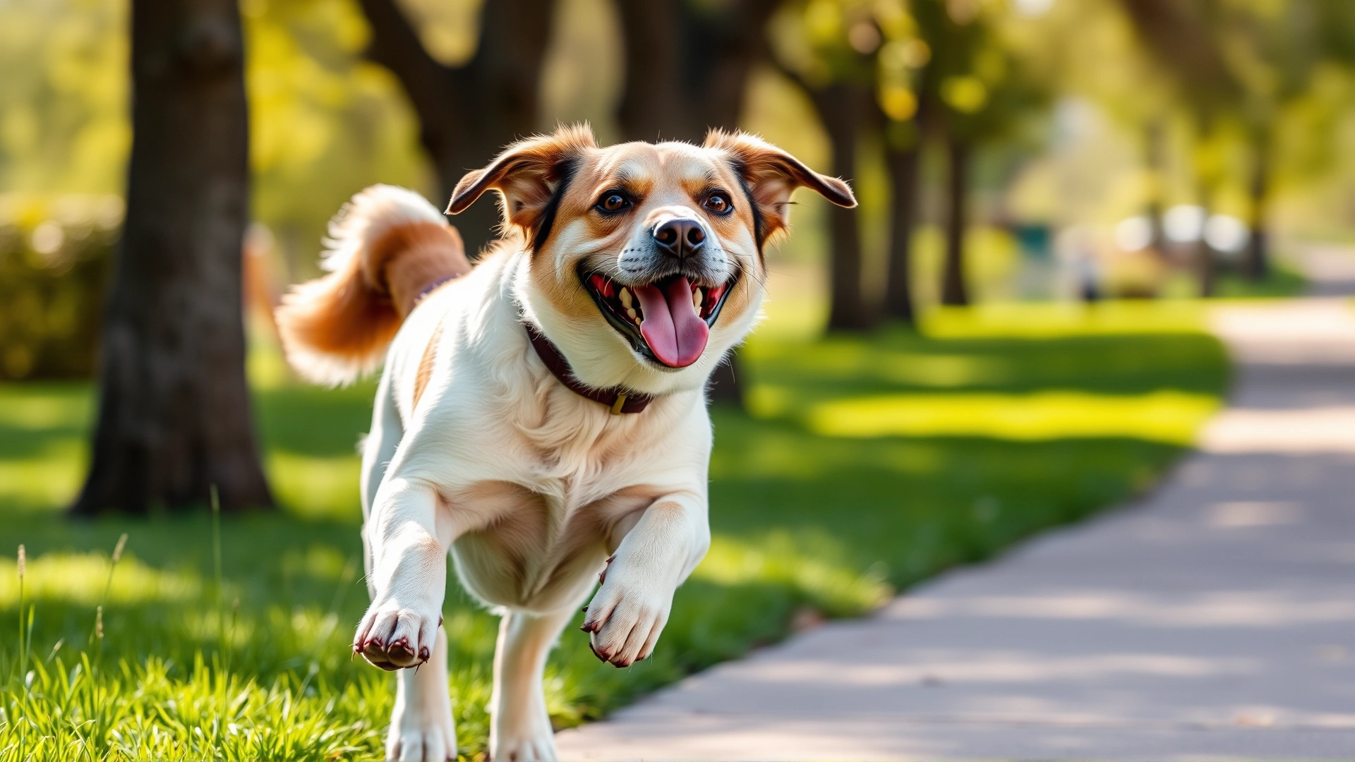 Happy senior dog trotting through a sunny park with green grass, looking energetic and pain-free