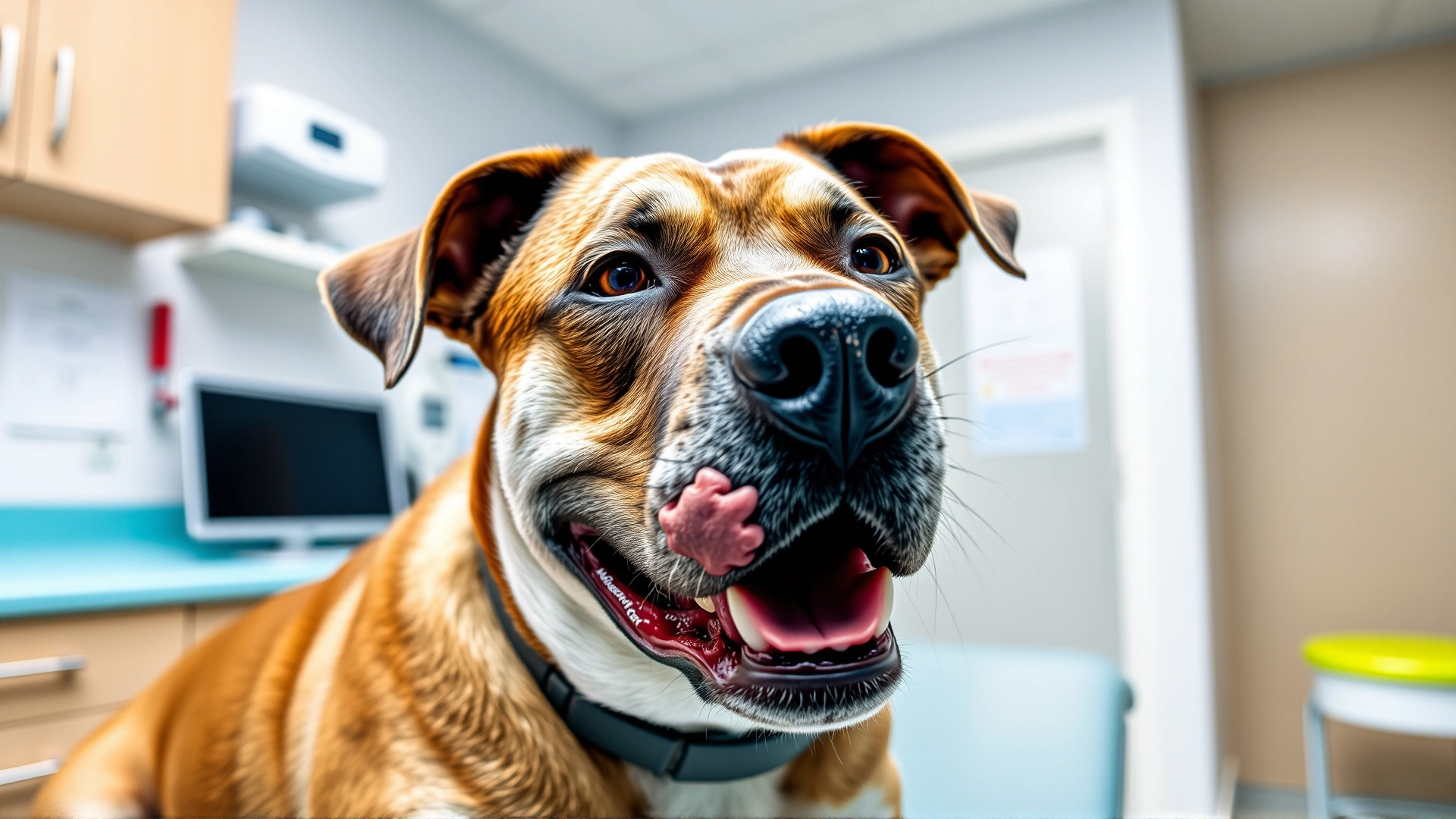 Friendly dog with a small wart on its muzzle sitting on a veterinarian examination table; bright, clean clinic environment; natural lighting, high resolution