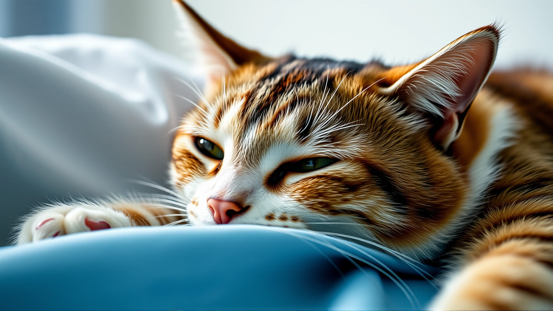Close-up of a calm adult cat lying on a soft blanket after surgery with a gentle focus on its eyes, bright yet soothing lighting
