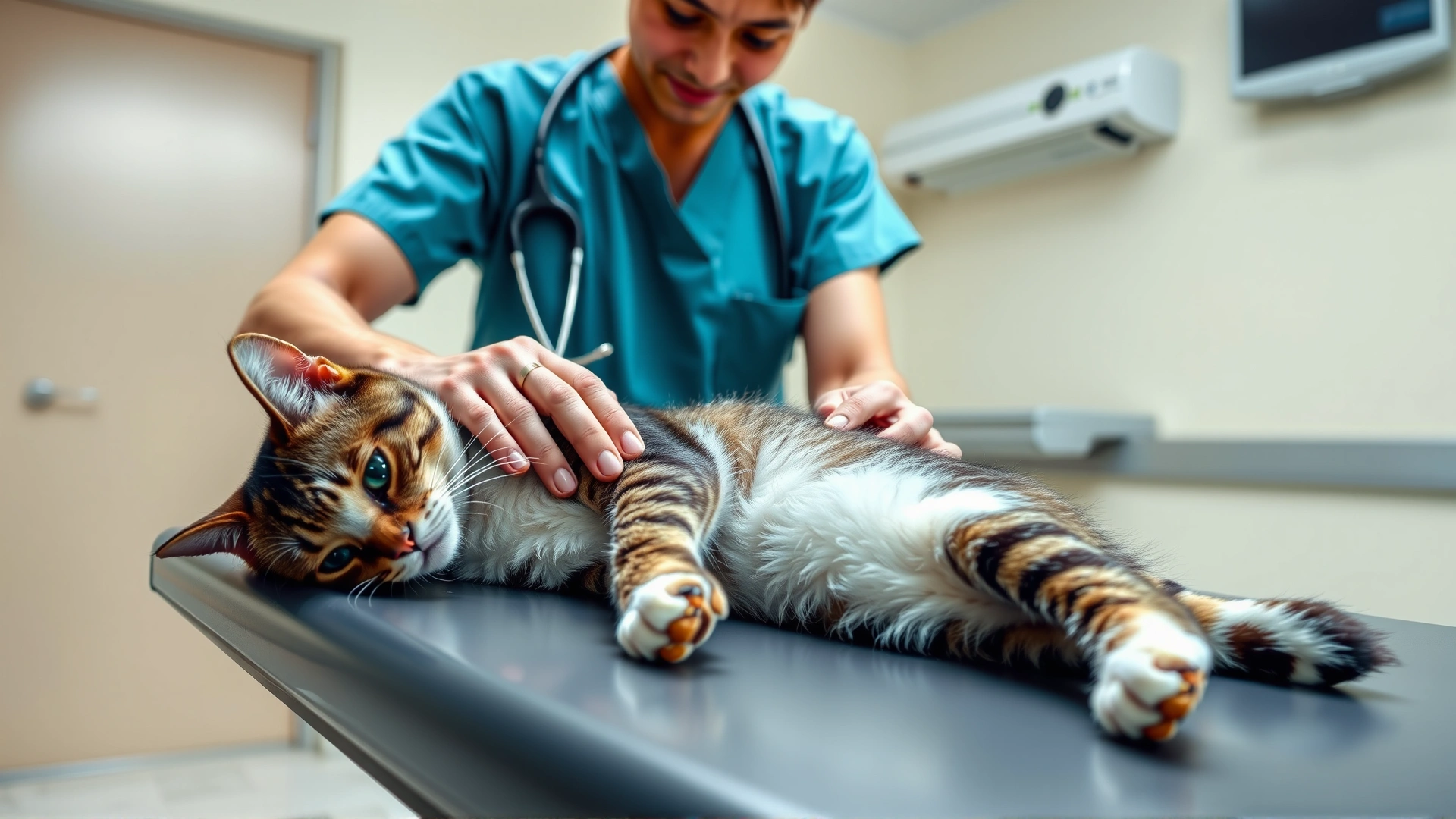 A veterinarian wearing scrubs gently stroking a recovering cat lying on an exam table, showing compassion and professional care in a bright clinical room.