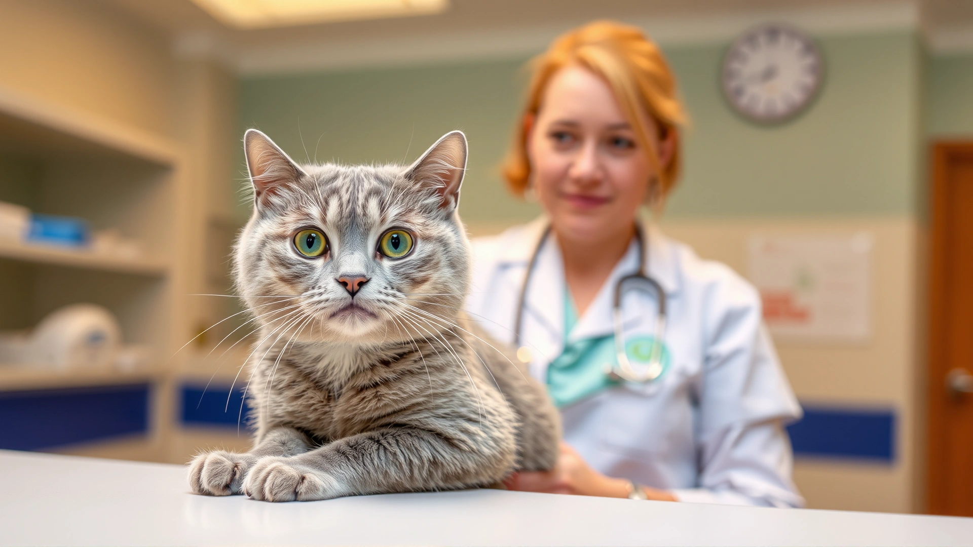 Photo of a concerned cat owner holding a grey domestic shorthair cat at the veterinary clinic reception desk; vet nurse visible in background; warm lighting.
