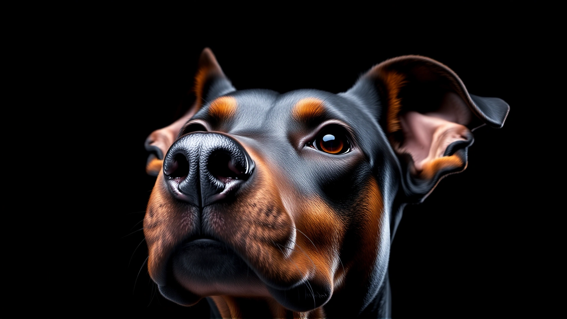 Close-up portrait of a Doberman Pinscher with a focused expression against a dark gradient background.
