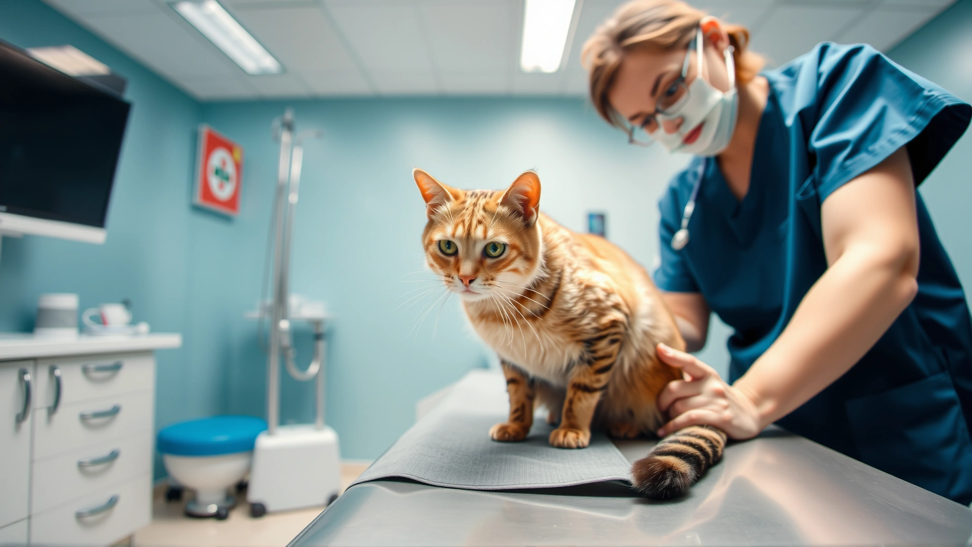 Wide-angle photo of a veterinarian gently stroking a female domestic shorthaired cat on an examination table inside a bright modern clinic; natural daylight; high resolution.