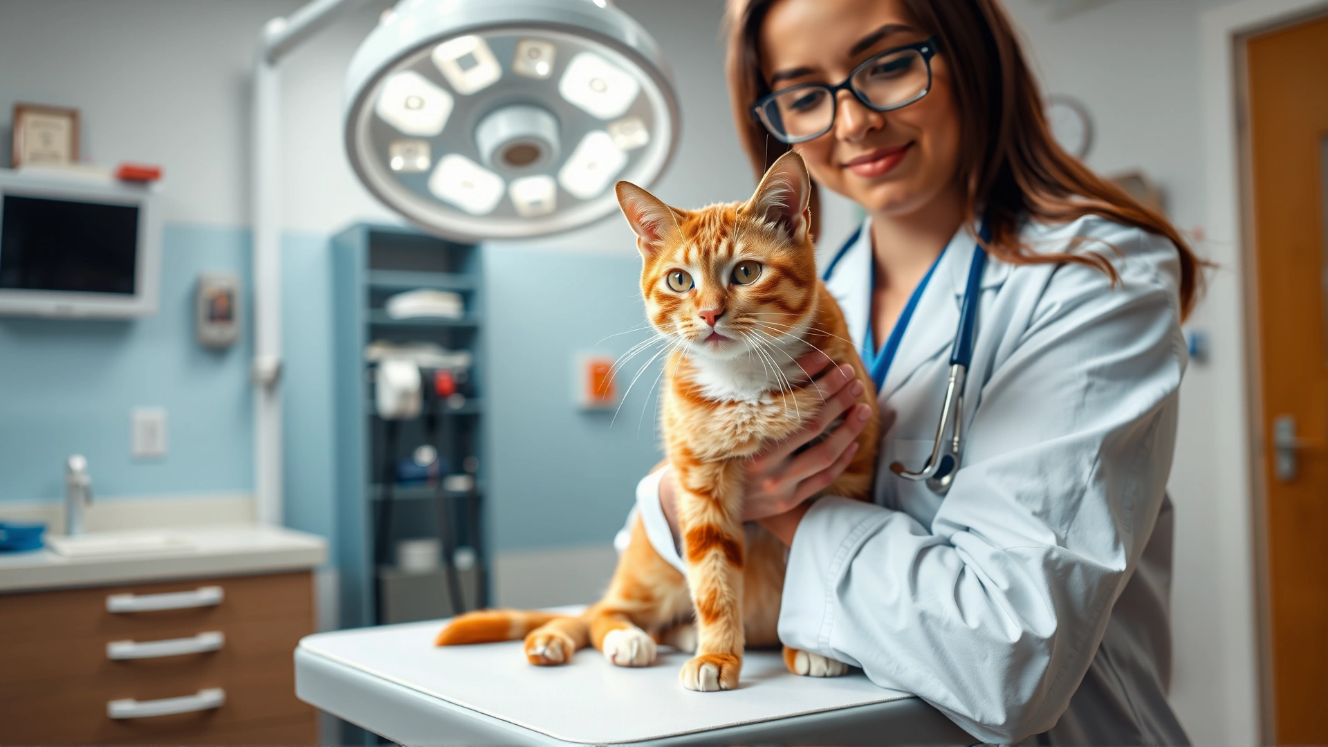 Wide shot of a veterinarian holding a ginger cat on an examination table with medical equipment in the background, bright and inviting atmosphere.