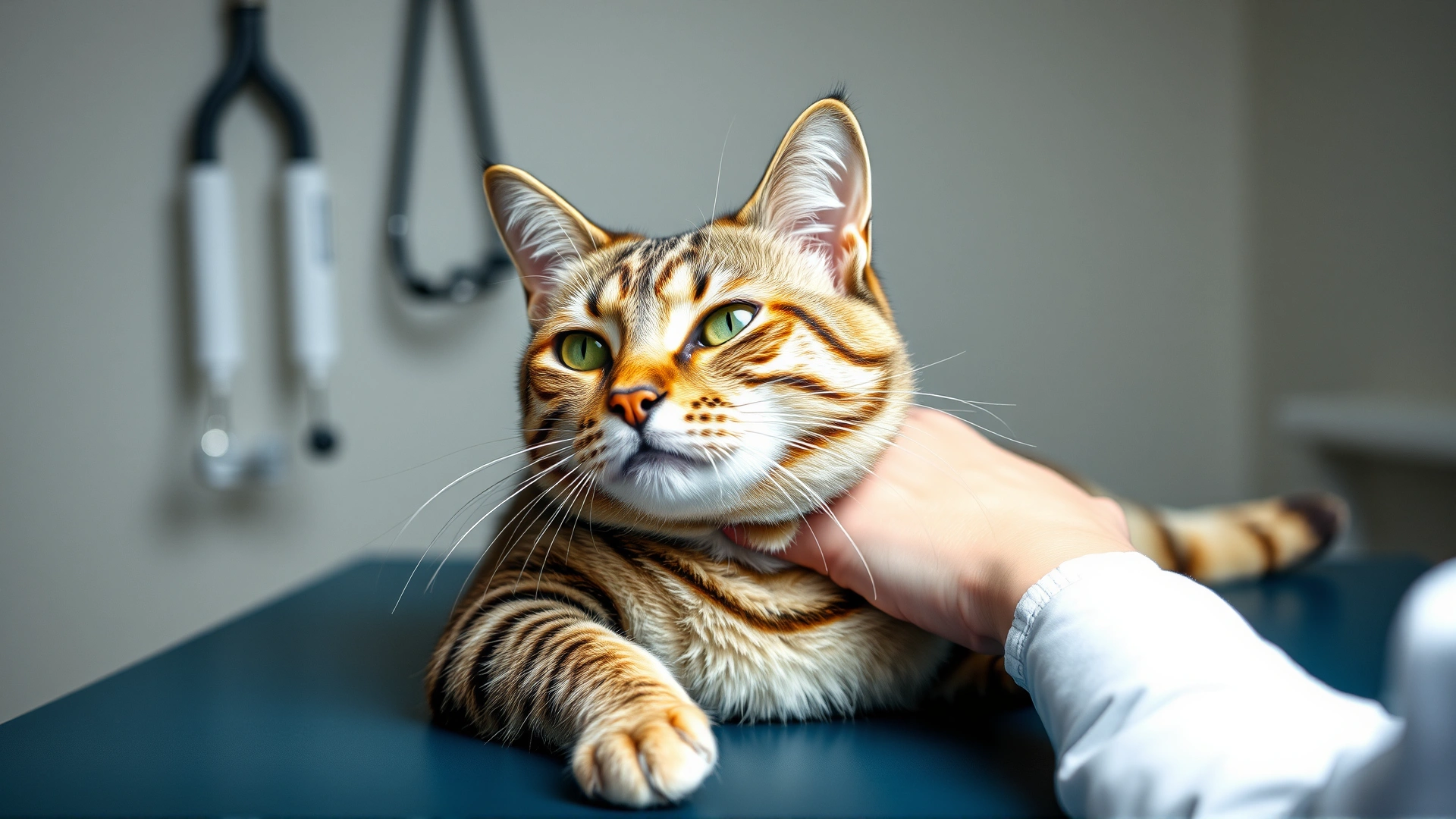 Close-up of a veterinarian gently stroking a tabby cat on an examination table before chemotherapy treatment, compassionate atmosphere, soft lighting, vertical composition.