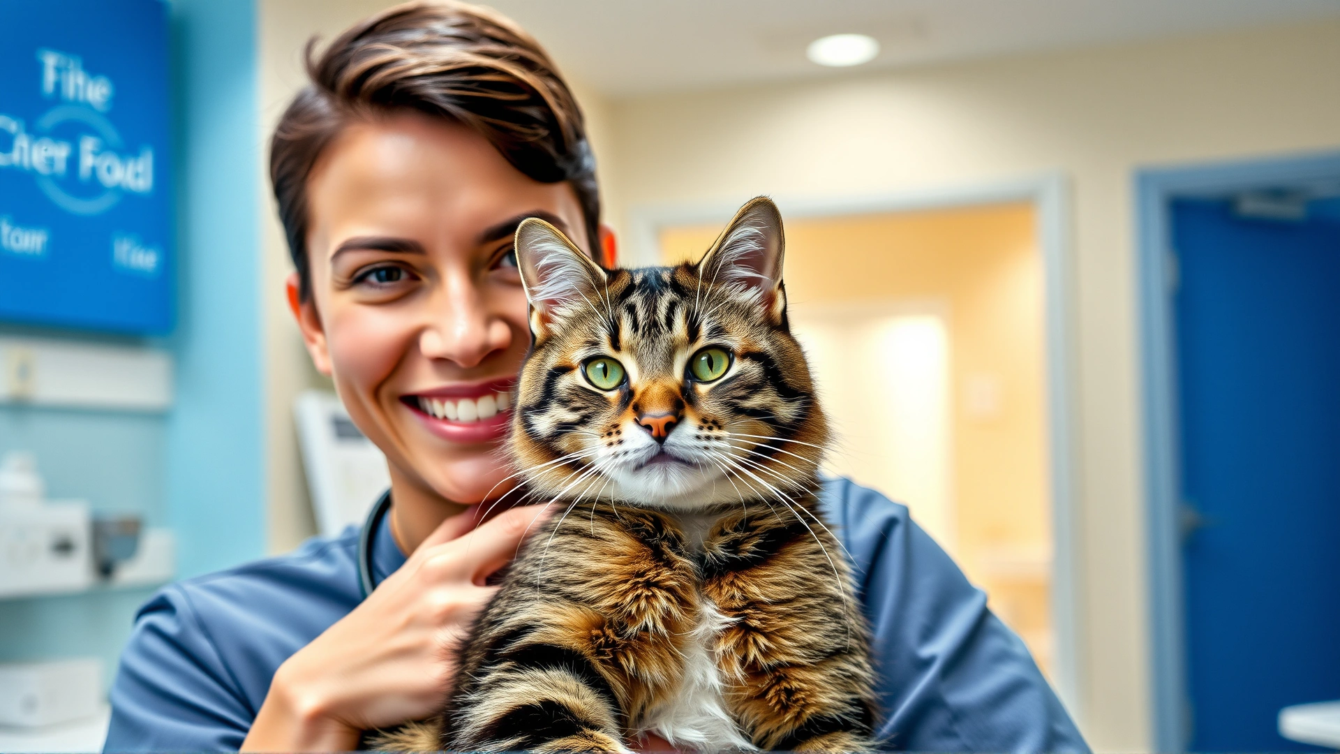 Wide shot of a friendly veterinarian holding a relaxed domestic short-haired cat while smiling at the camera in a modern clinic setting, conveys trust and care.