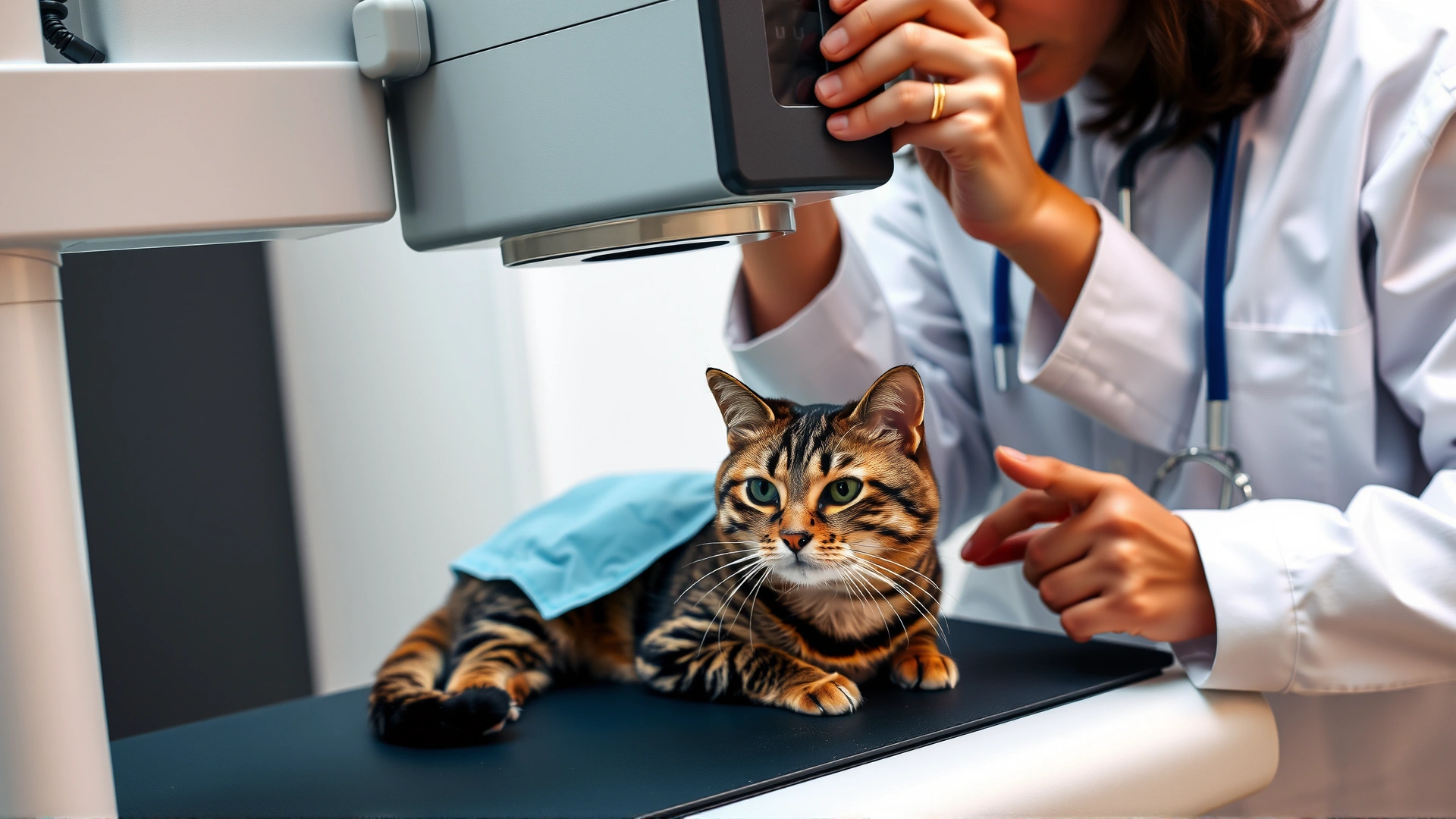 Veterinarian adjusting an X-ray machine above a relaxed tabby cat wearing a small protective apron on the exam table
