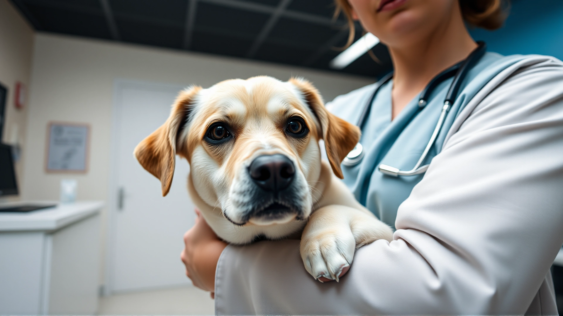 Wide-angle photo of a concerned dog owner holding a medium-sized dog at a veterinary clinic reception, representing initial visit for hernia symptoms.