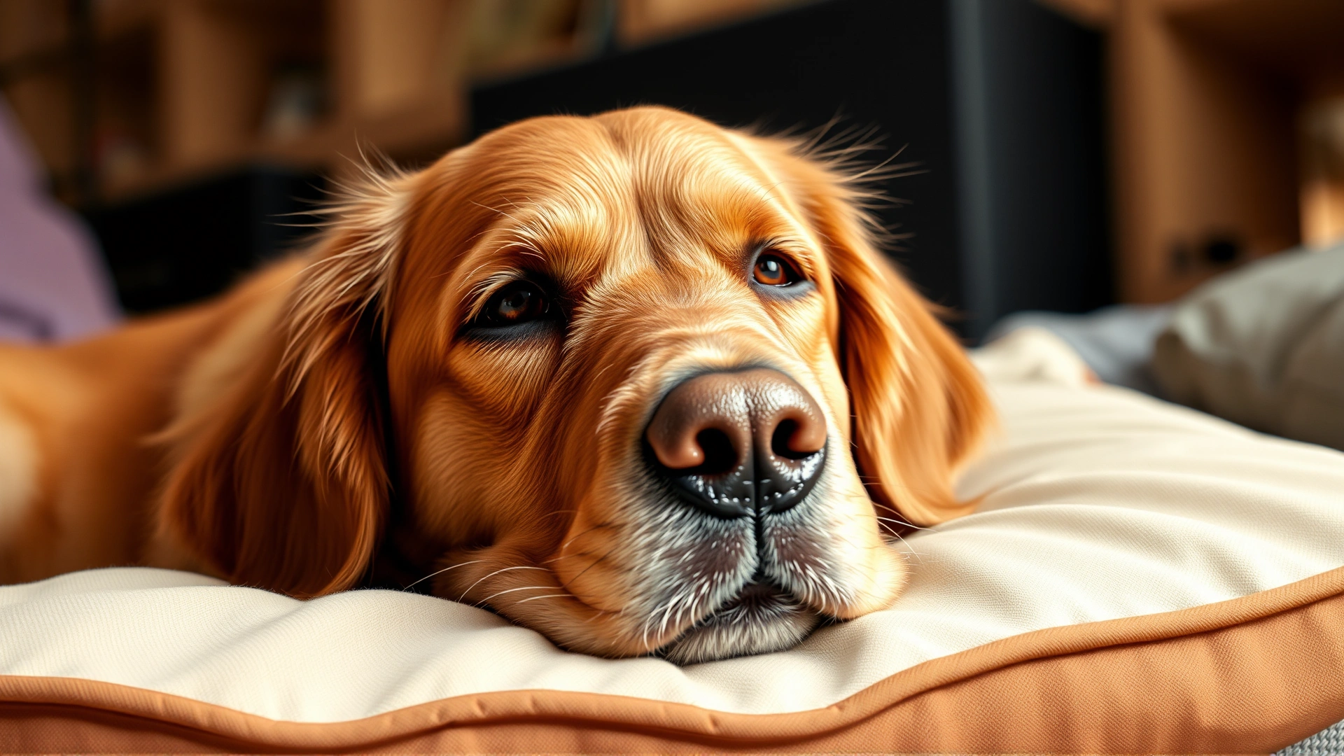 Close-up of a golden retriever lying on a pillow, wearing a soft fabric e-collar, eyes relaxed but alert, warm indoor lighting.
