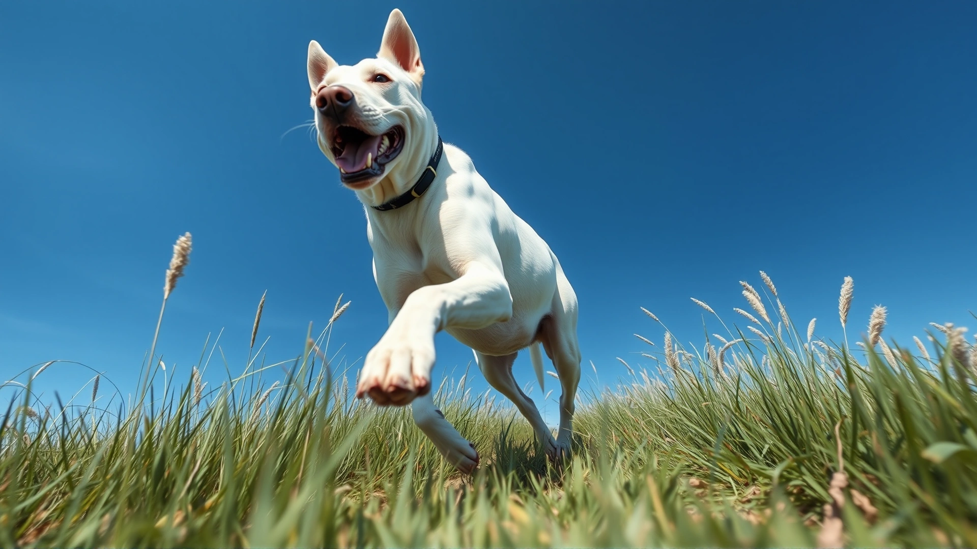 Wide-angle shot of a confident Dogo Argentino running toward the camera through tall grass under a blue sky, motion blur on legs, energetic mood