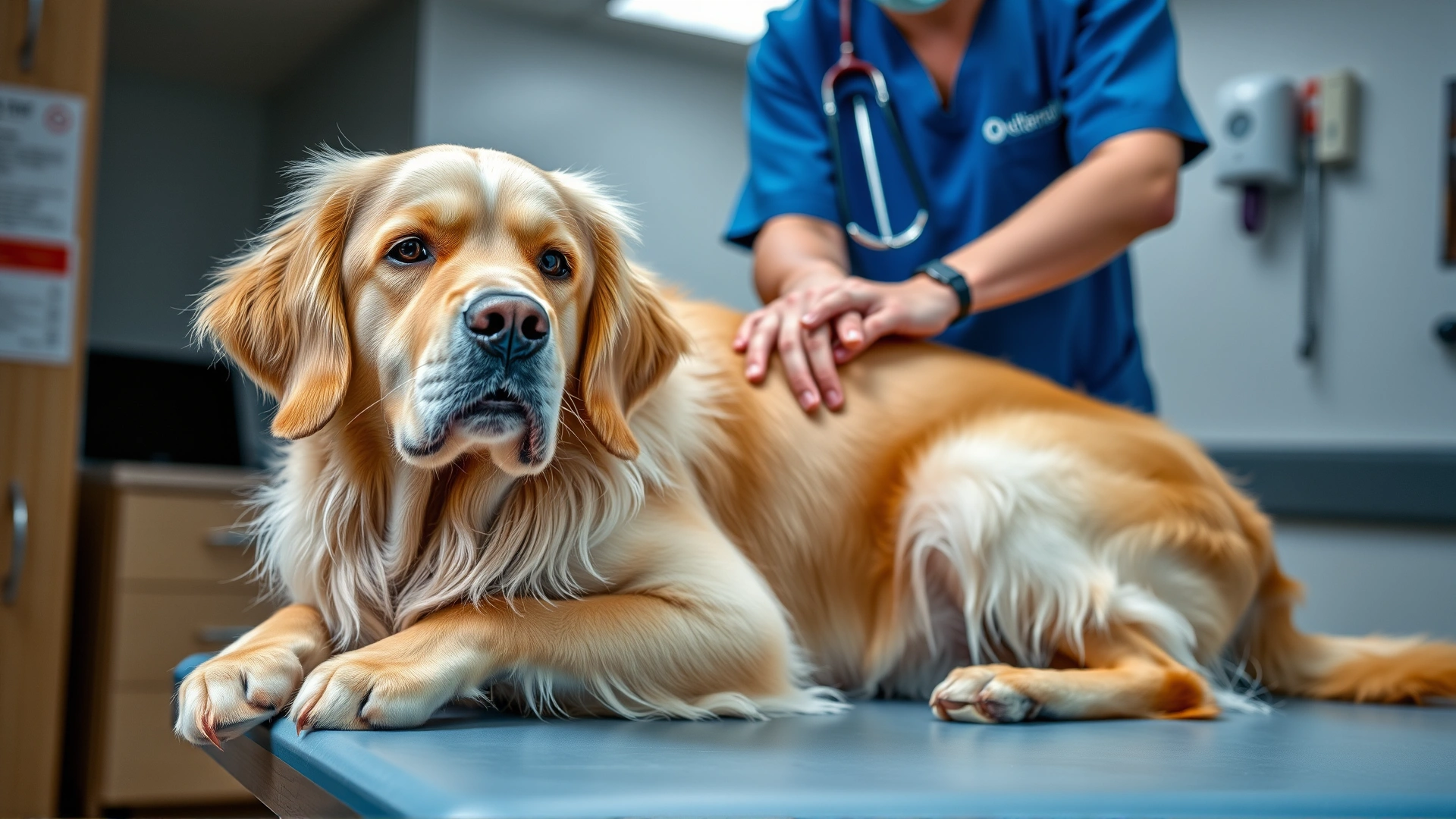 Close-up of a golden retriever calmly sitting on a veterinary examination table while a veterinarian gently holds its paw, clinic background
