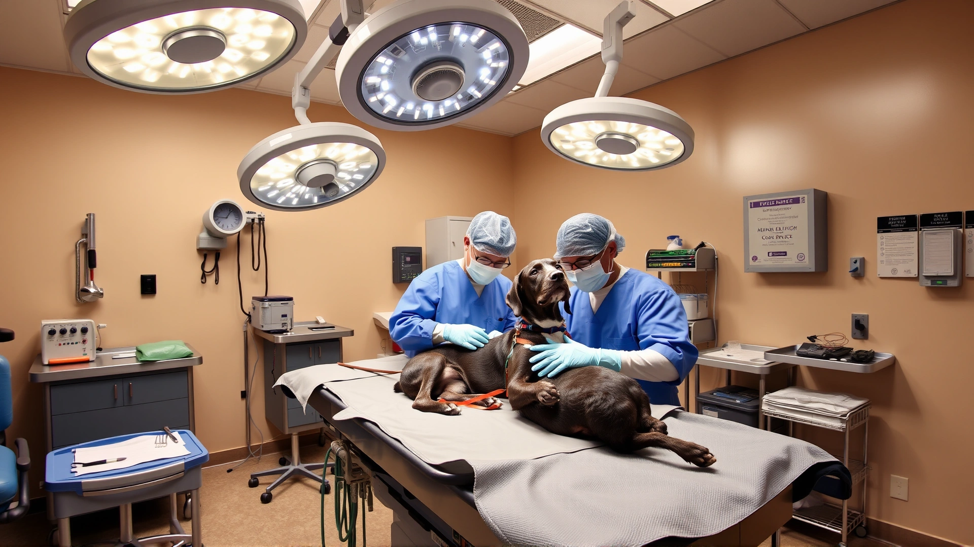 Wide-angle shot of a veterinary surgical suite with soft lighting, equipment neatly arranged, and a dog on the table being prepped by gloved veterinarians, sense of professionalism and calm