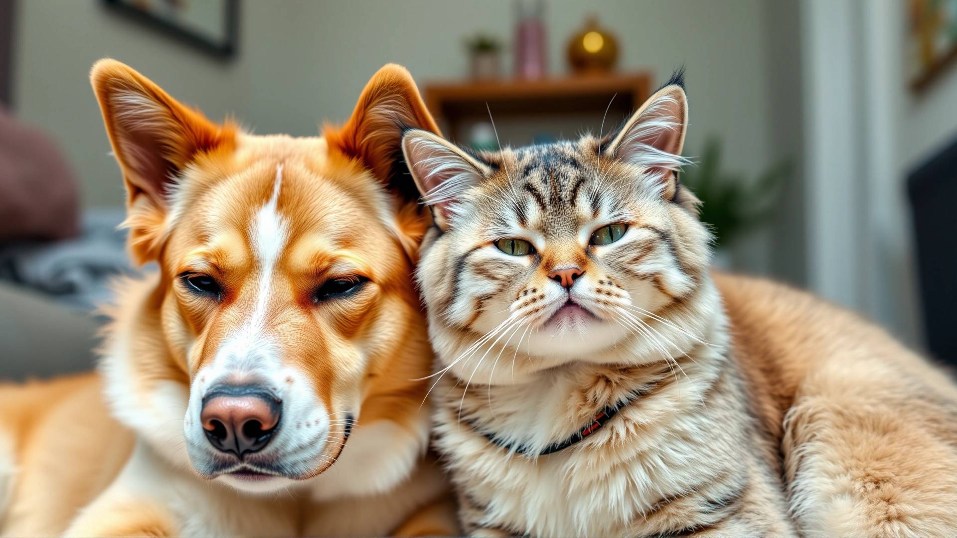 Friendly dog and cat sitting side by side, each with one eye gently closed or covered, bright indoor lighting, comforting atmosphere, high-resolution photo.